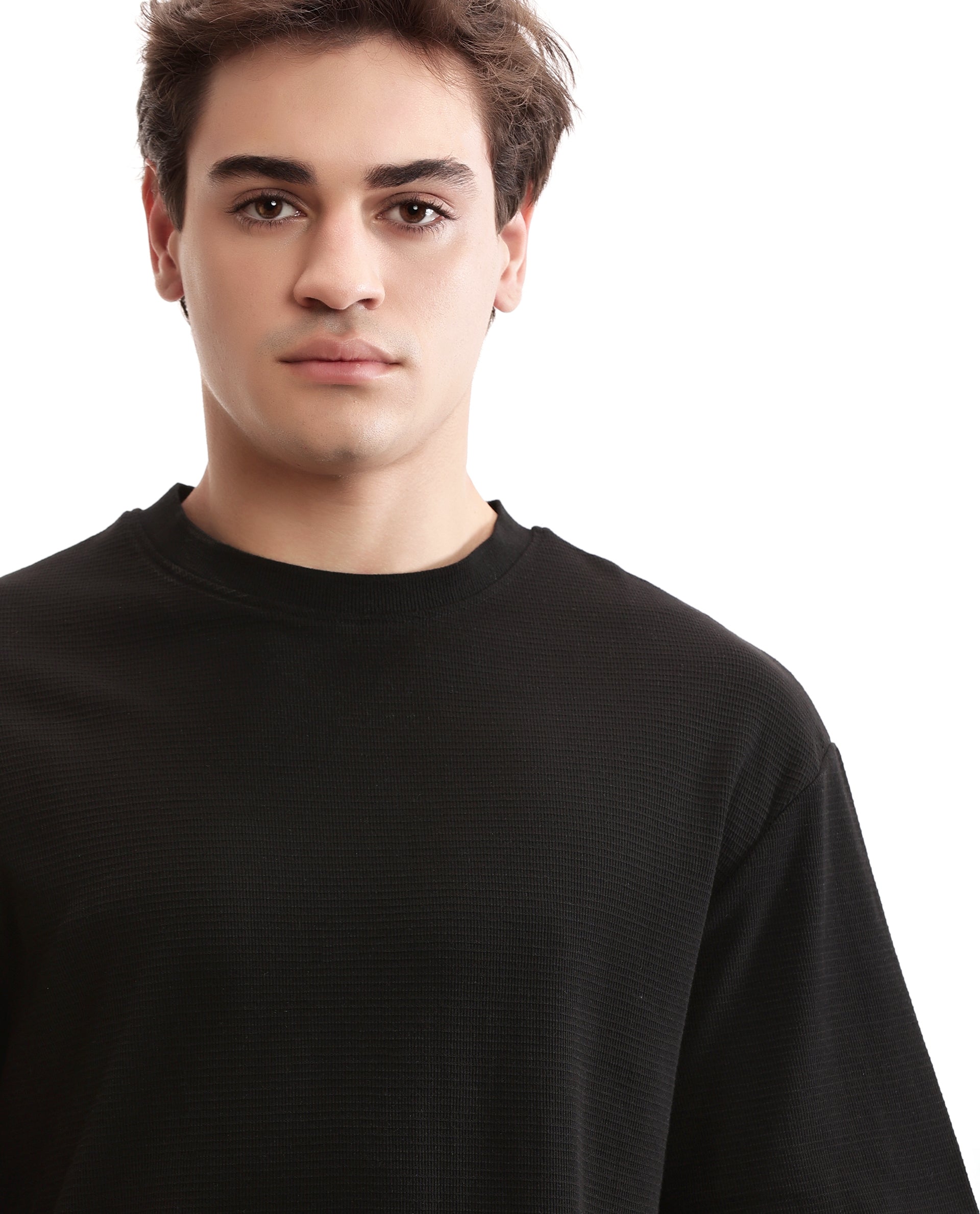 Charcoal Black Knitted Waffle Crew Neck Oversized T-Shirt