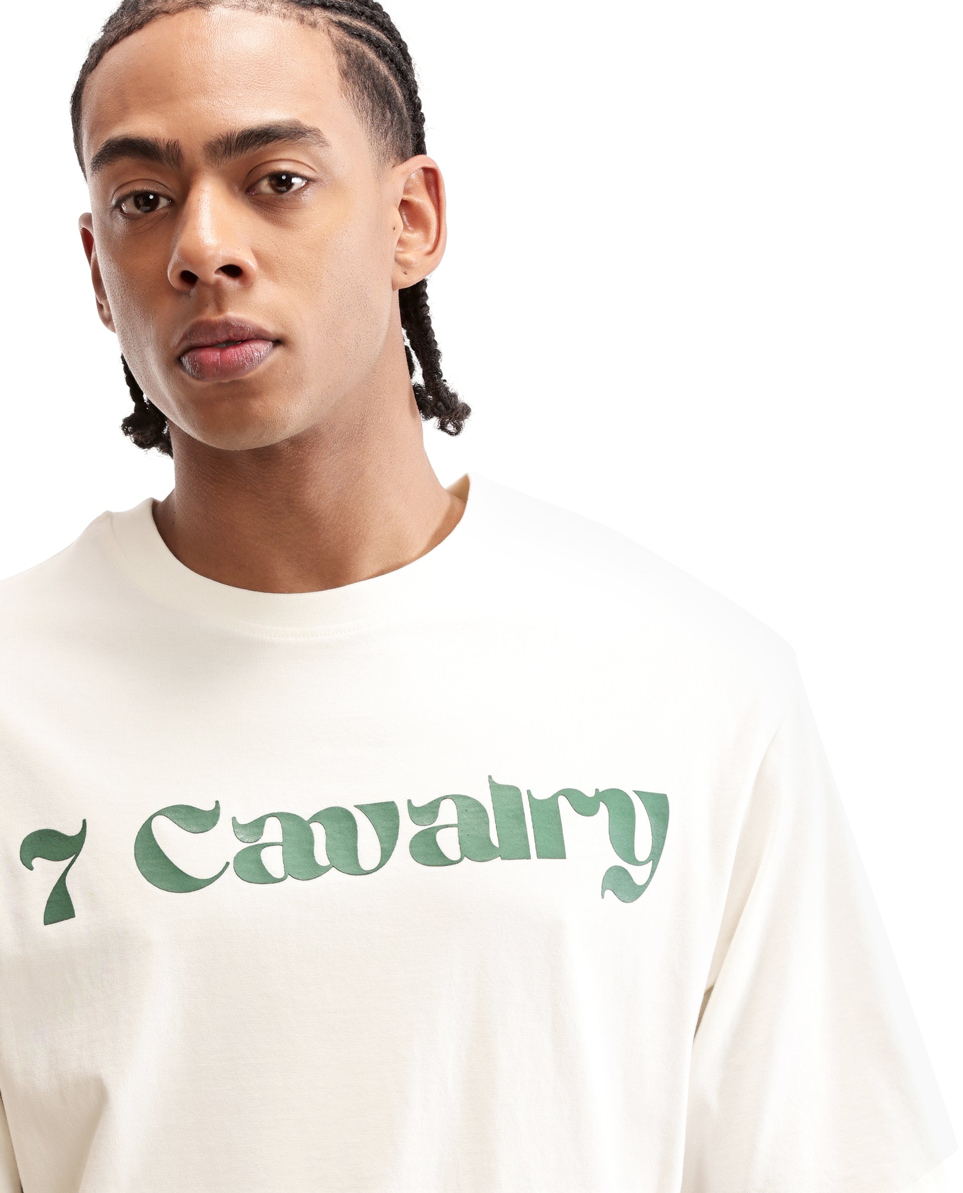 Ivory White Single Jersey Crew Neck Oversized T-Shirt with Deep Forest Green Puff Print