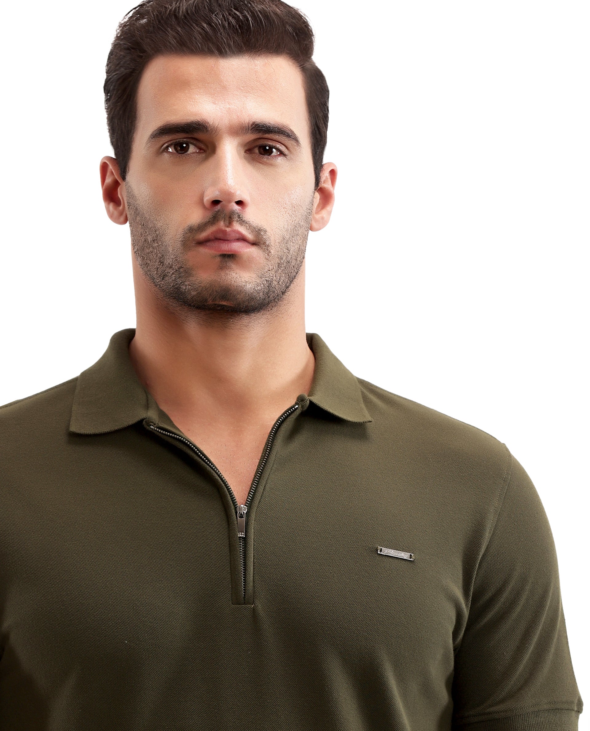 Vintage Olive Pique Polo with 7C Metal Zip, Metal Badge