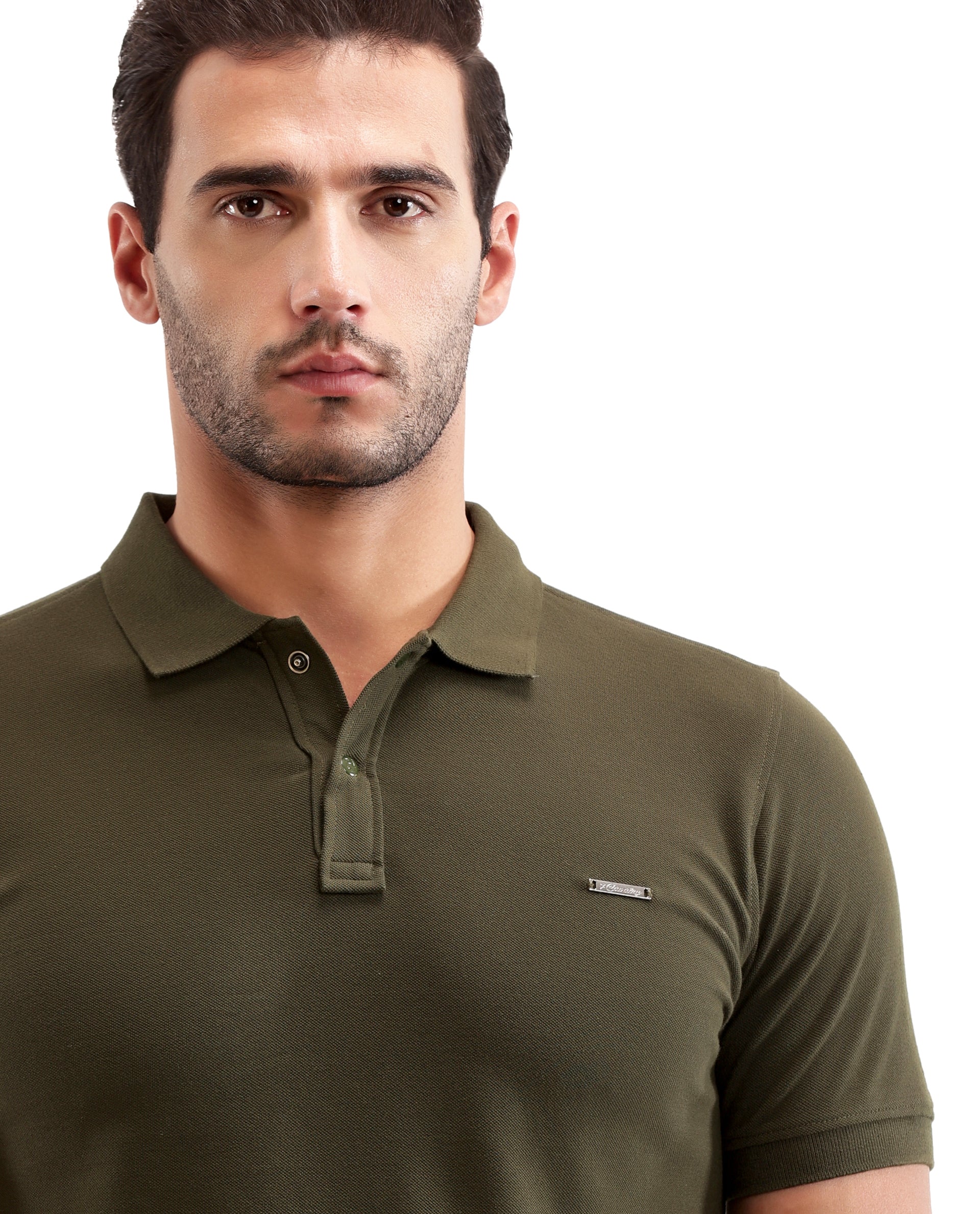 Vintage Olive Pique Polo with 7C Snap Buttons, Metal Badge