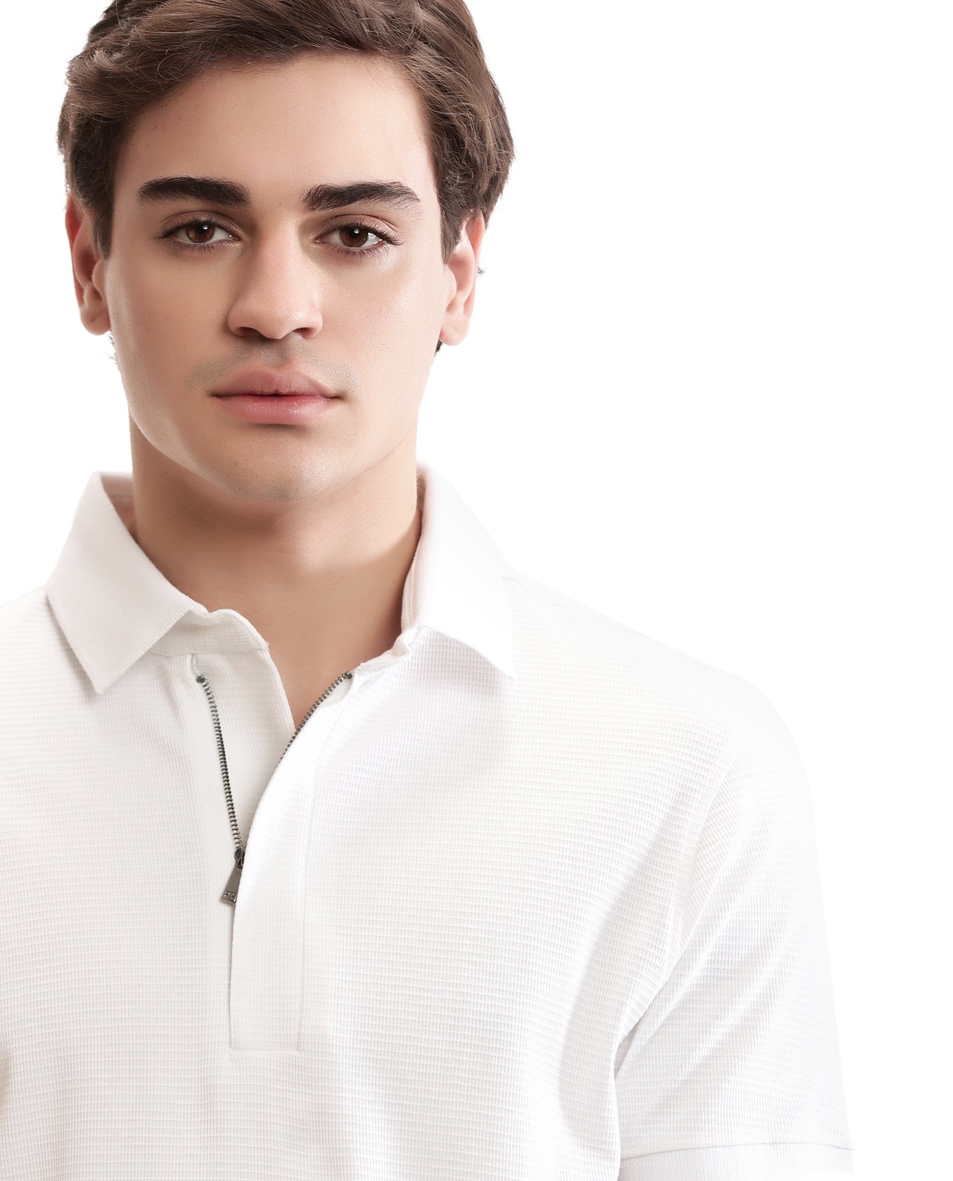 Pure White Knitted Waffle Polo with 7C Metal Zip