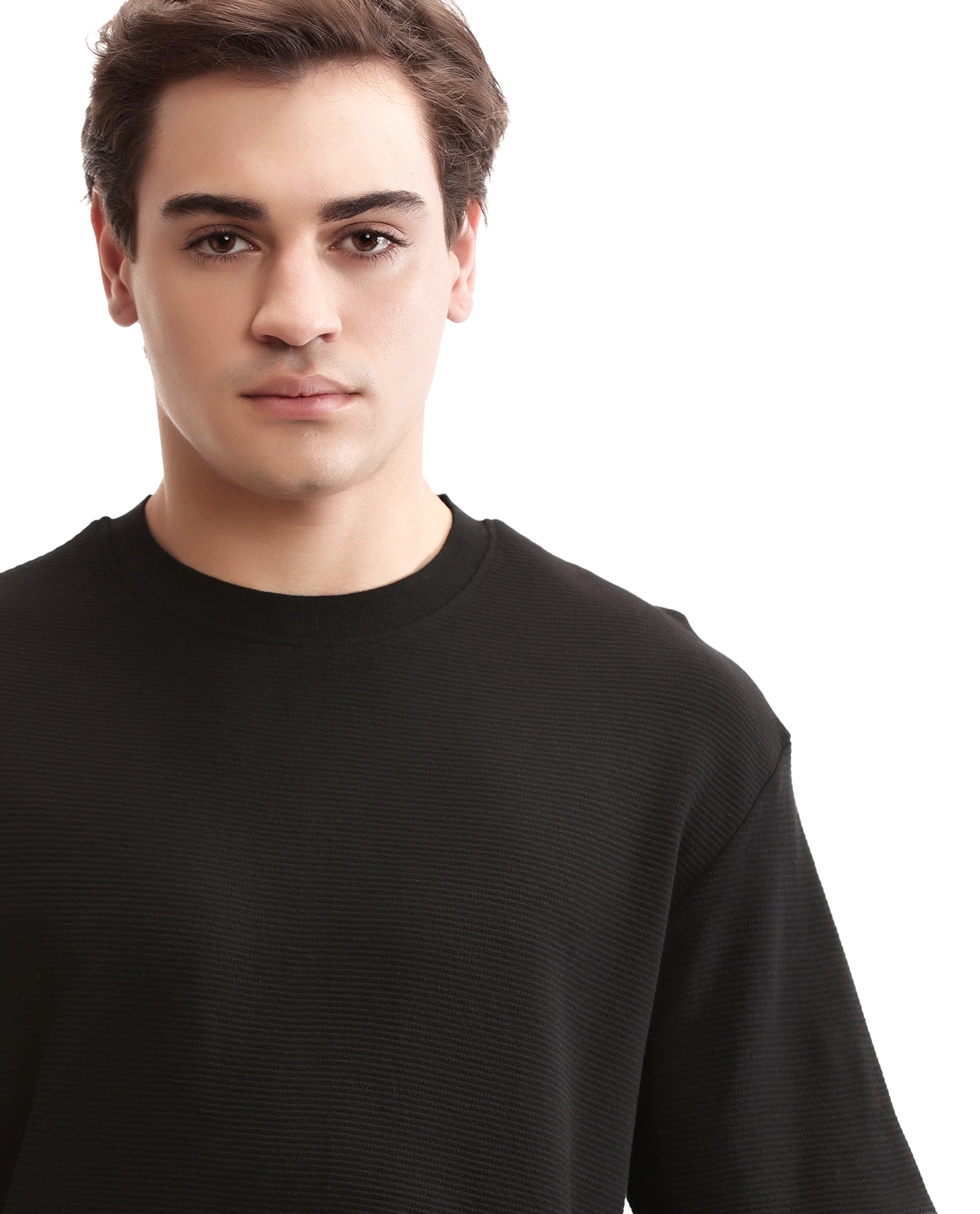 Charcoal Black Knitted Ottoman Crew Neck Oversized T-Shirt