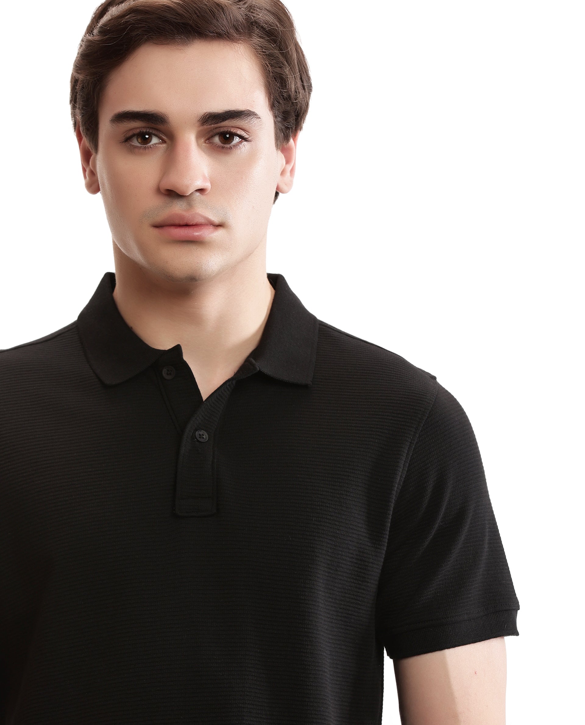 Charcoal Black Knitted Ottoman Polo with Ribbed Collar
