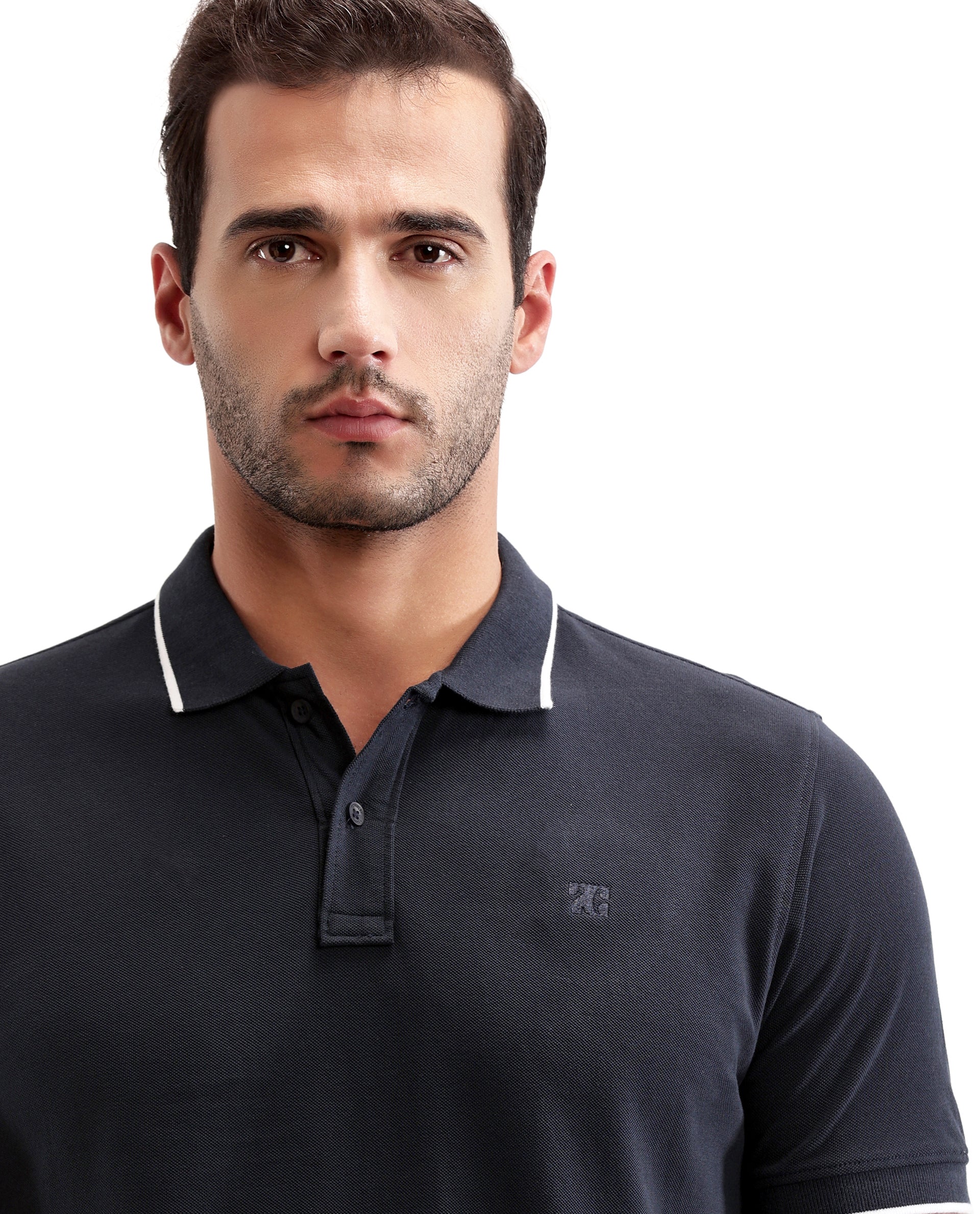 Midnight Navy Blue Pique Polo with White Collar Piping, Tone-on-Tone 7C Embroidery