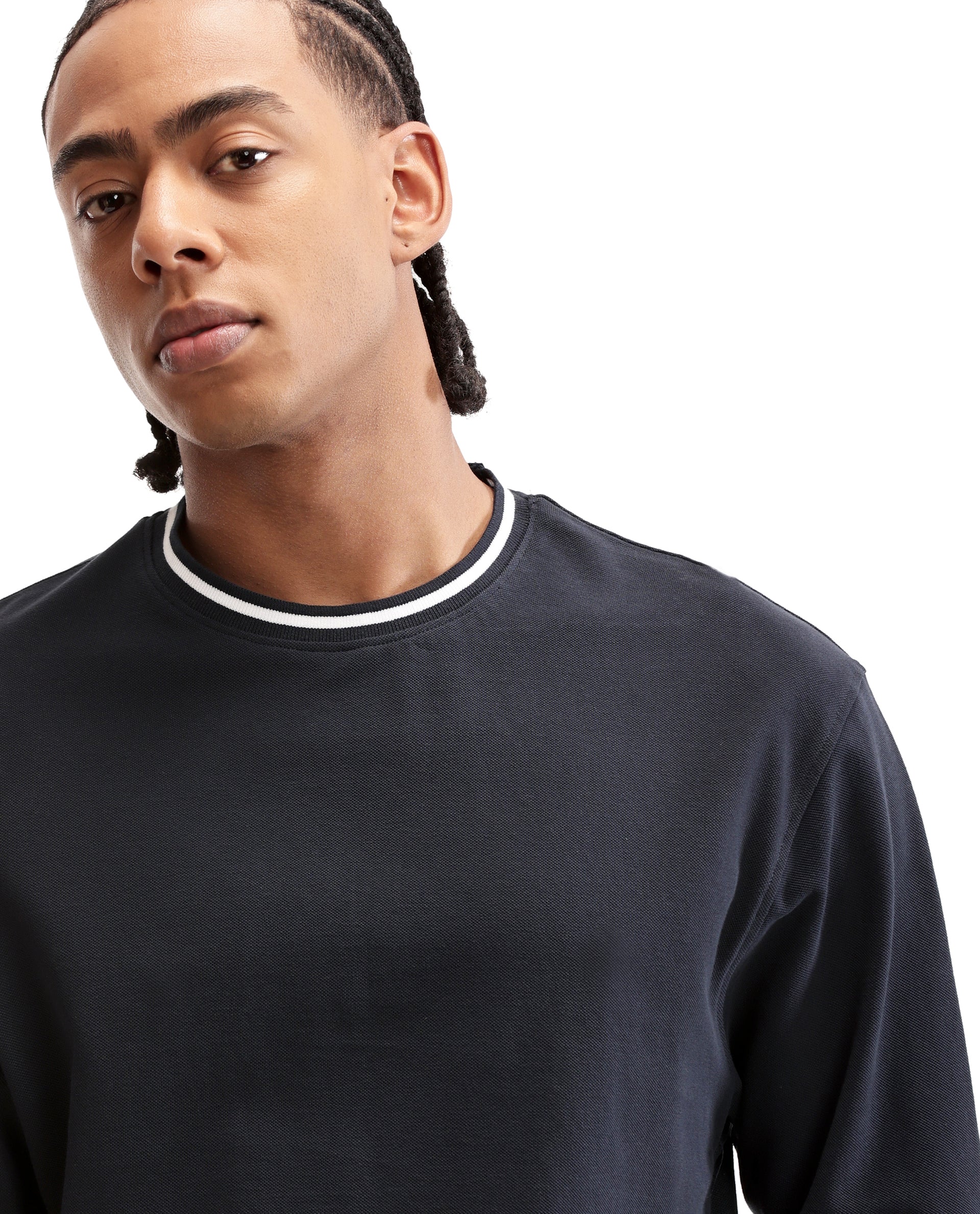Midnight Navy Blue Pique Crew Neck Oversized T-Shirt with Pure White Piping