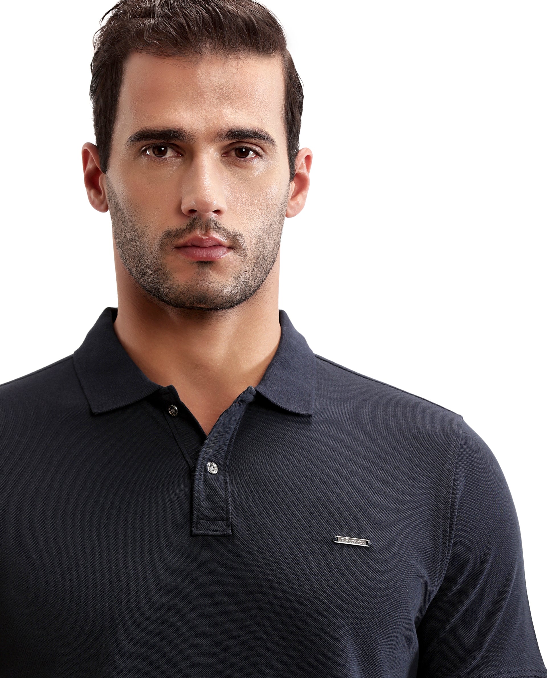 Midnight Navy Blue Pique Polo with Metal Buttons, 7C Metal Badge