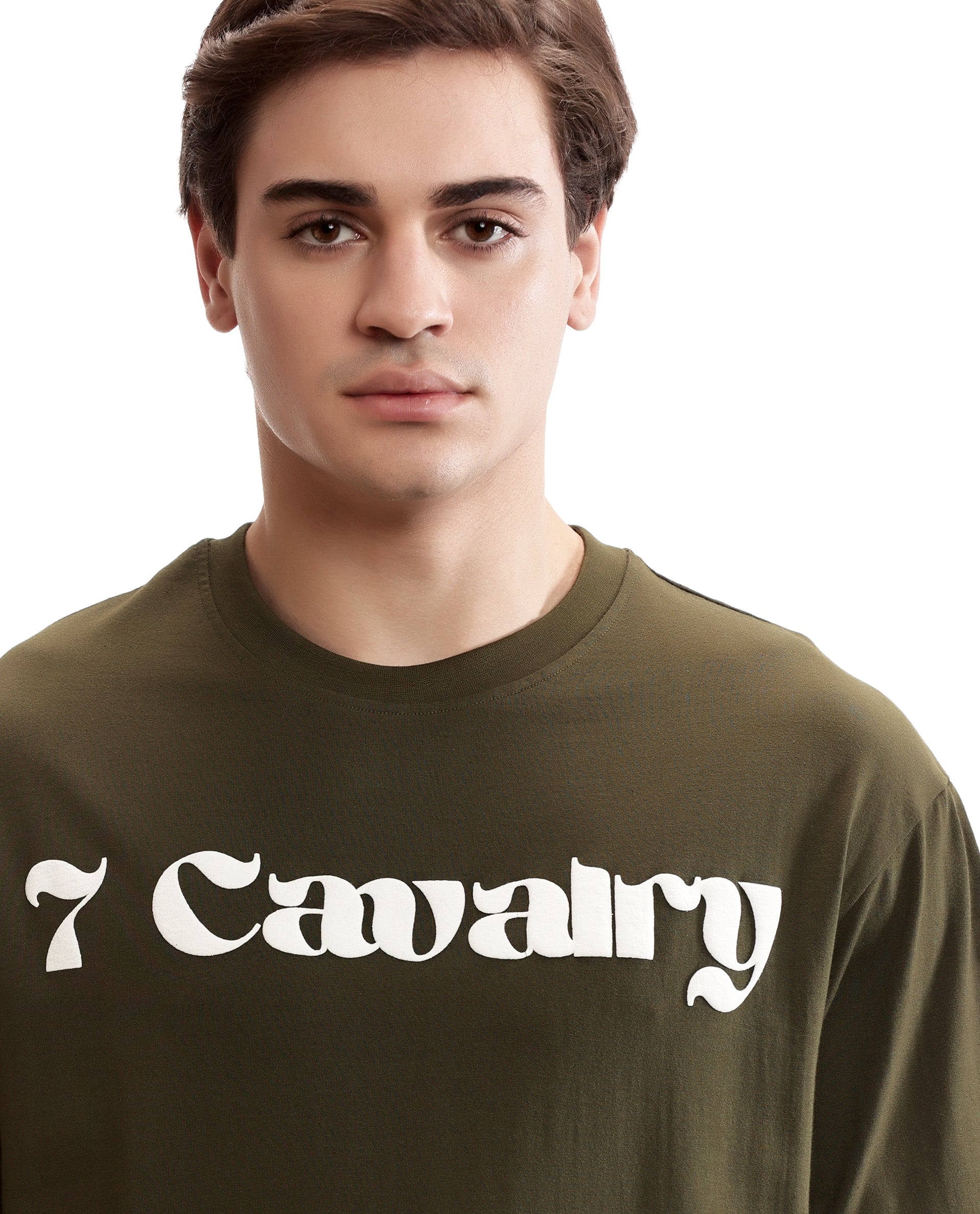 Vintage Olive Single Jersey Crew Neck Oversized T-Shirt with Pure White Puff Print