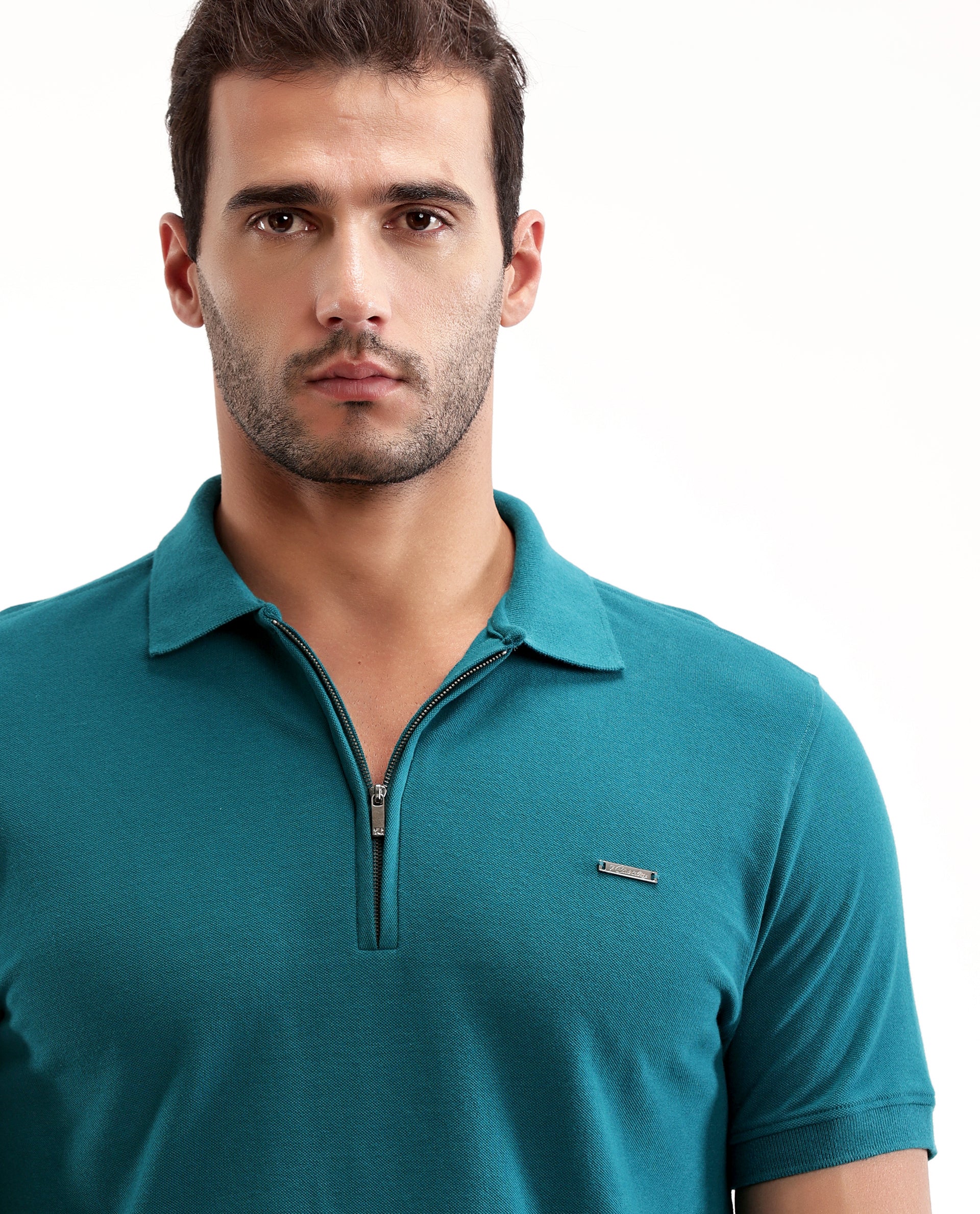 Ocean Teal Pique Polo with 7C Metal Zip, Metal Badge