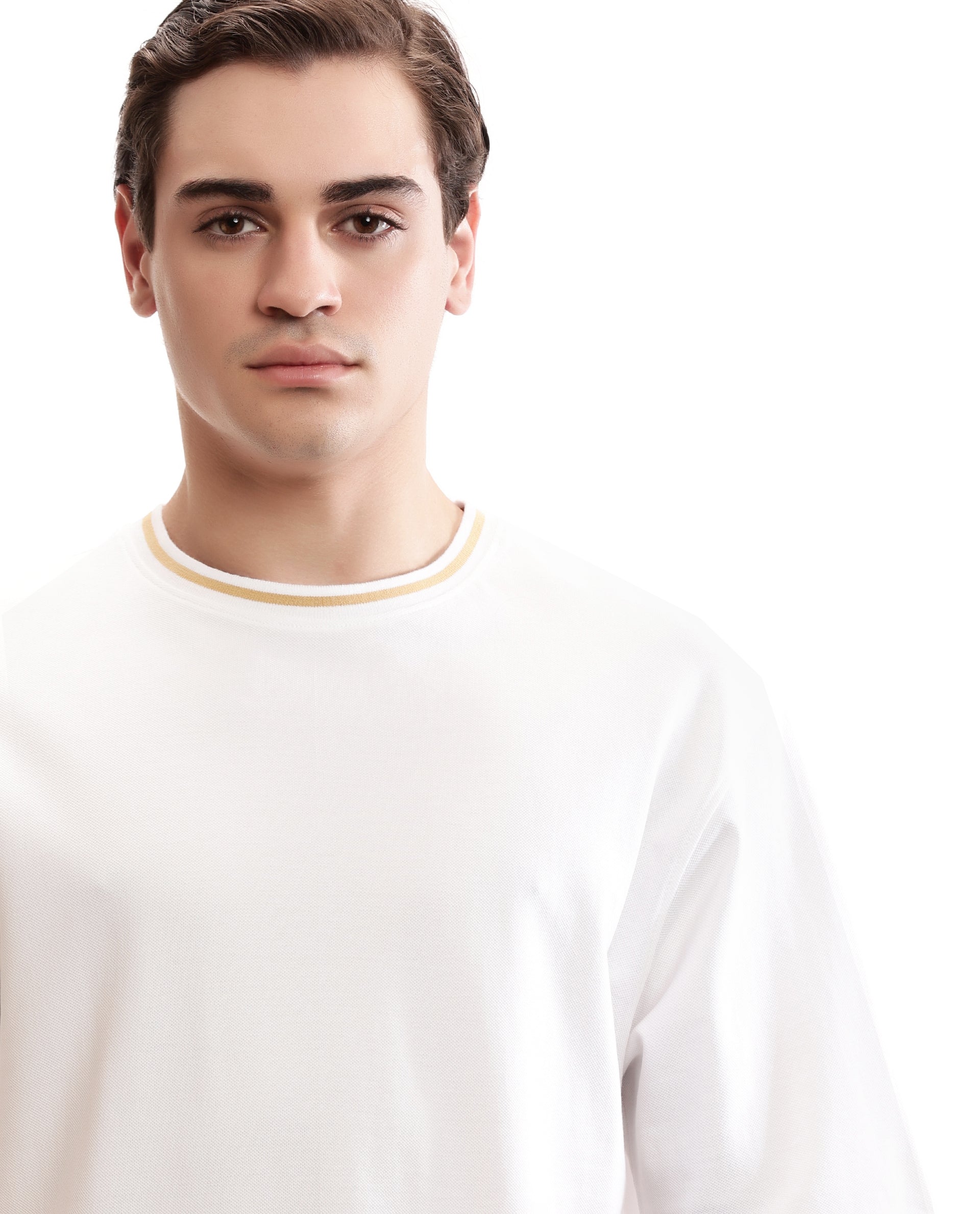Pure White Pique Crew Neck Oversized T-Shirt with Camel Beige Piping