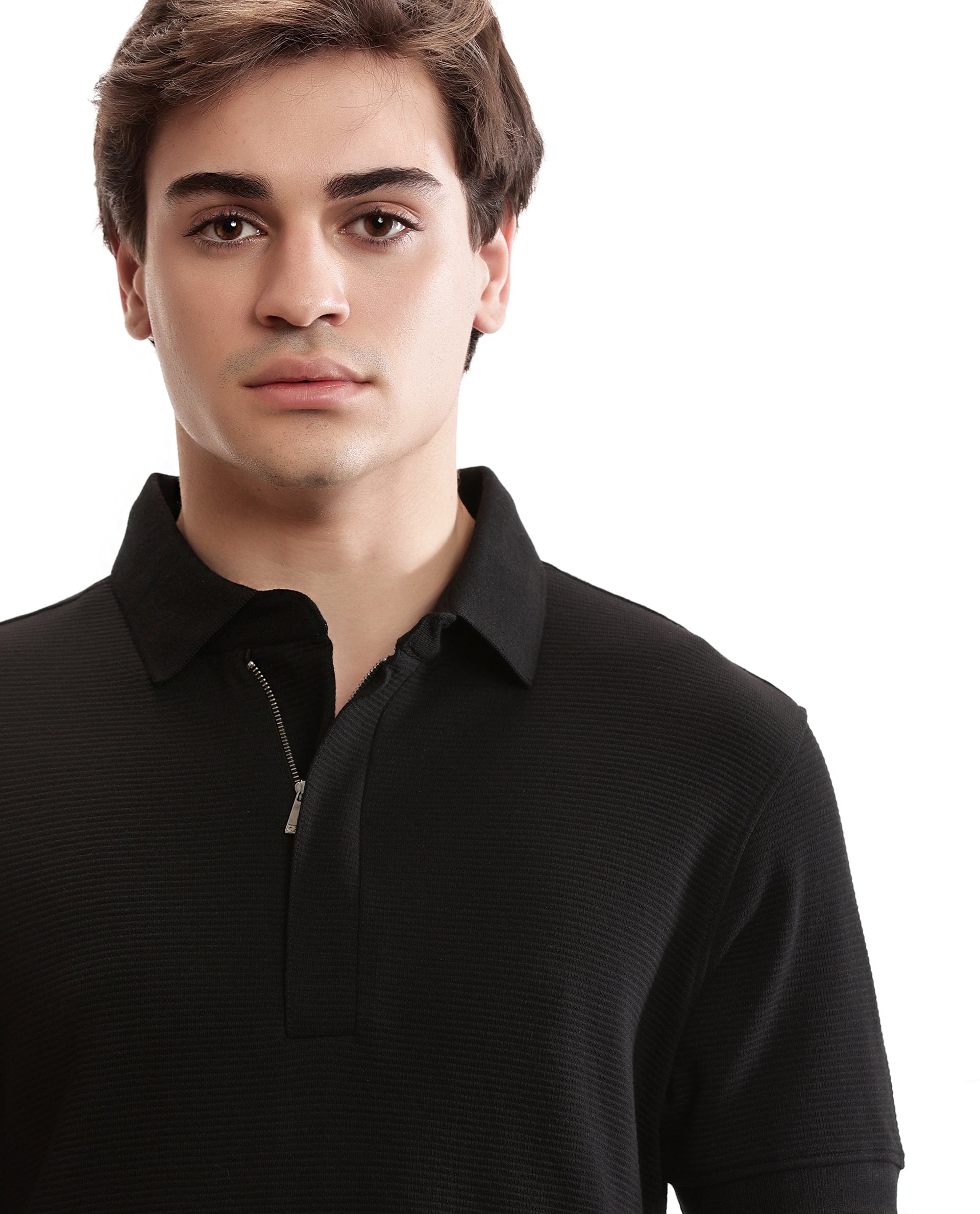 Charcoal Black Knitted Ottoman Polo with 7C Metal Zip