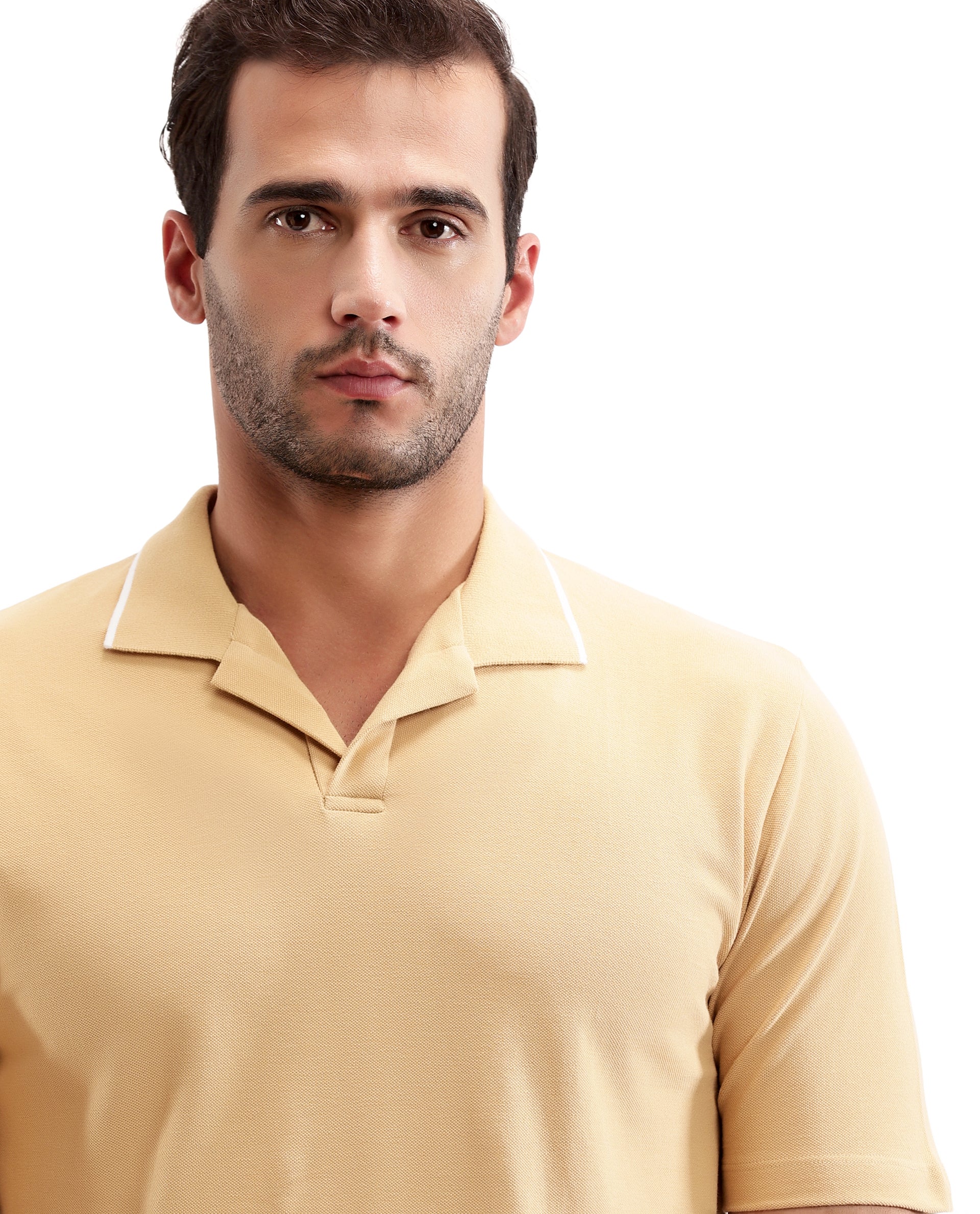 Camel Beige Johnny Collar Pique Polo with White Collar Piping