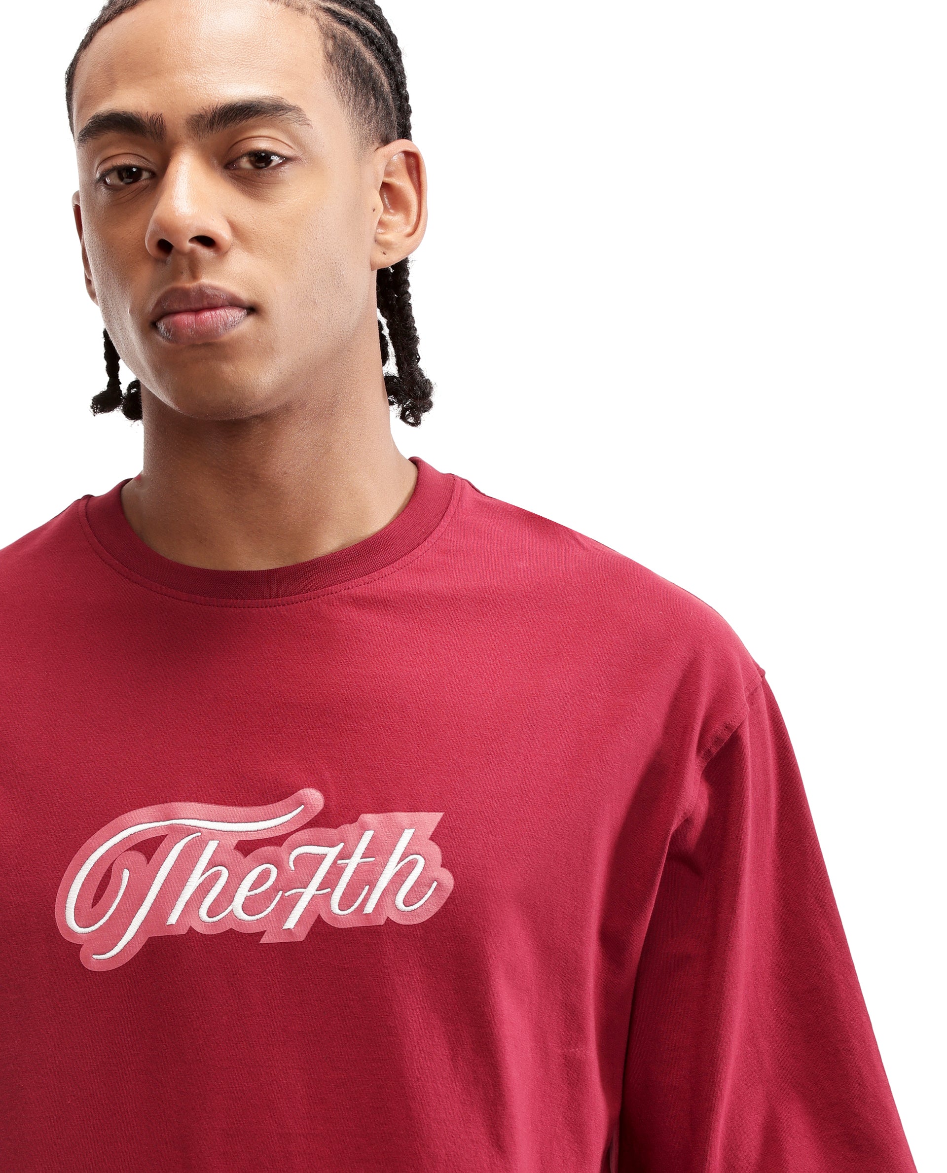 Bordeaux Maroon Single Jersey Crew Neck Oversized T-Shirt with Light Maroon Print & Pure White 7C Embroidery