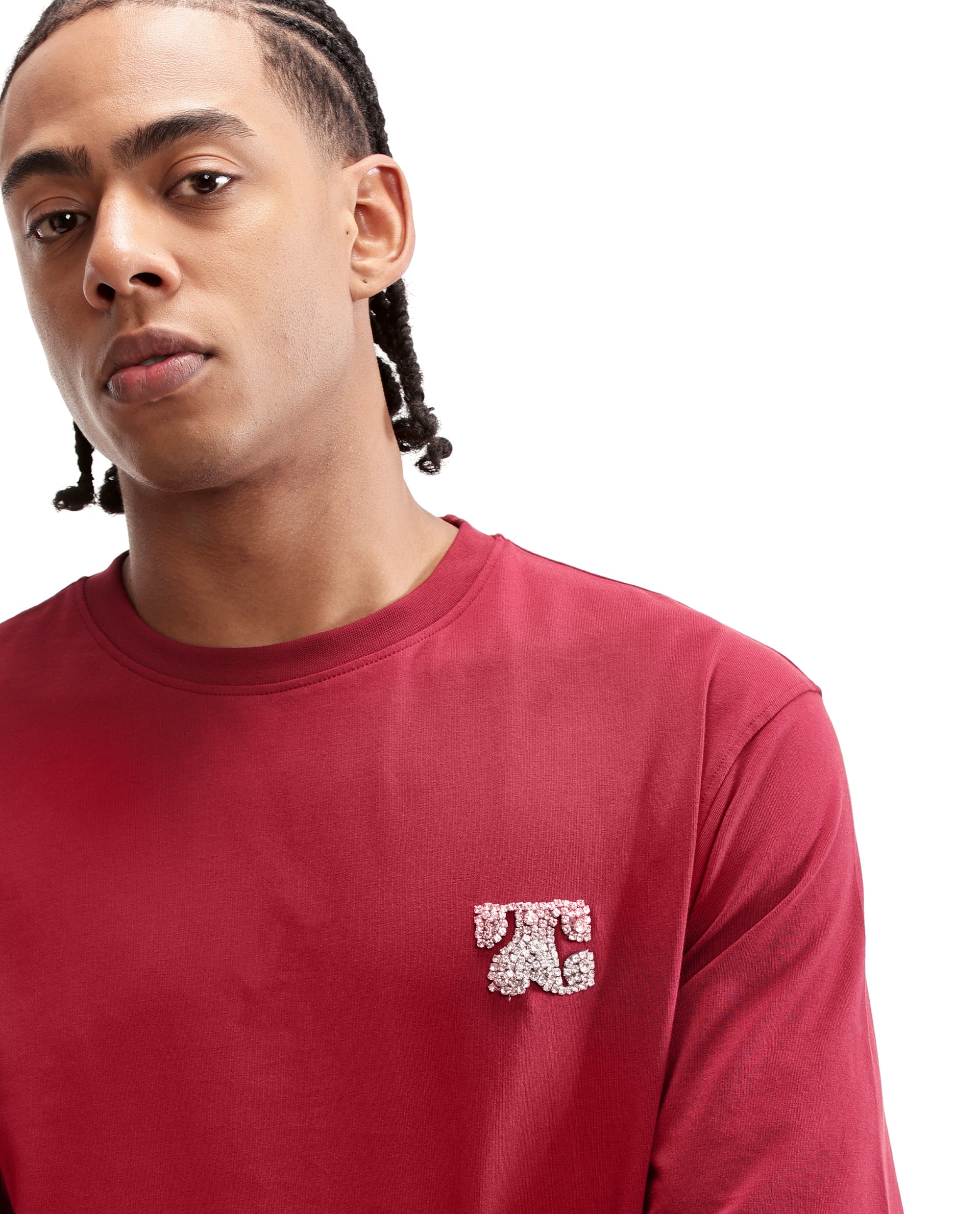 Bordeaux Maroon Single Jersey Crew Neck Oversized T-Shirt with Crystal Finish Rhinestones