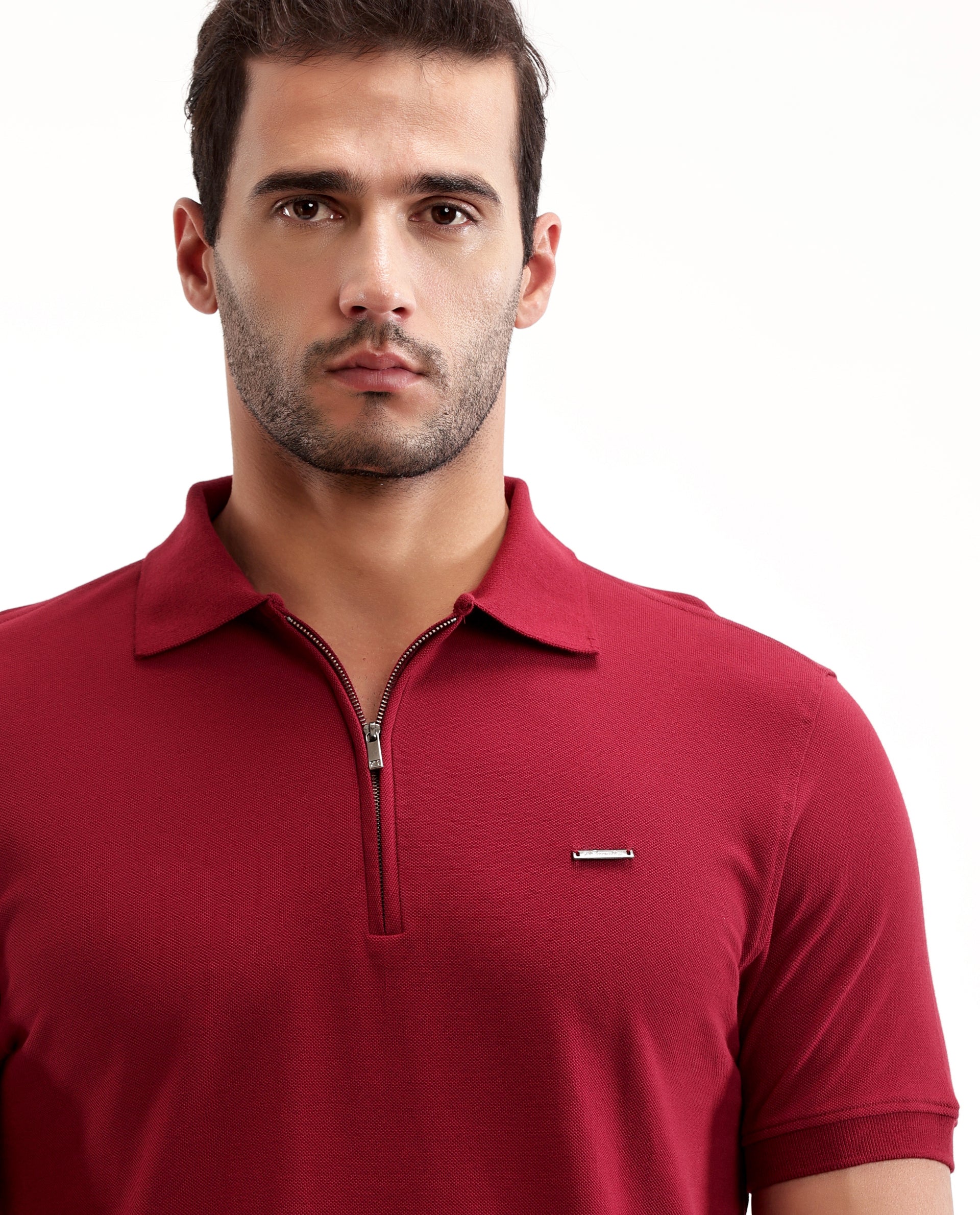 Bordeaux Maroon Pique Polo with 7C Metal Zip, Metal Badge