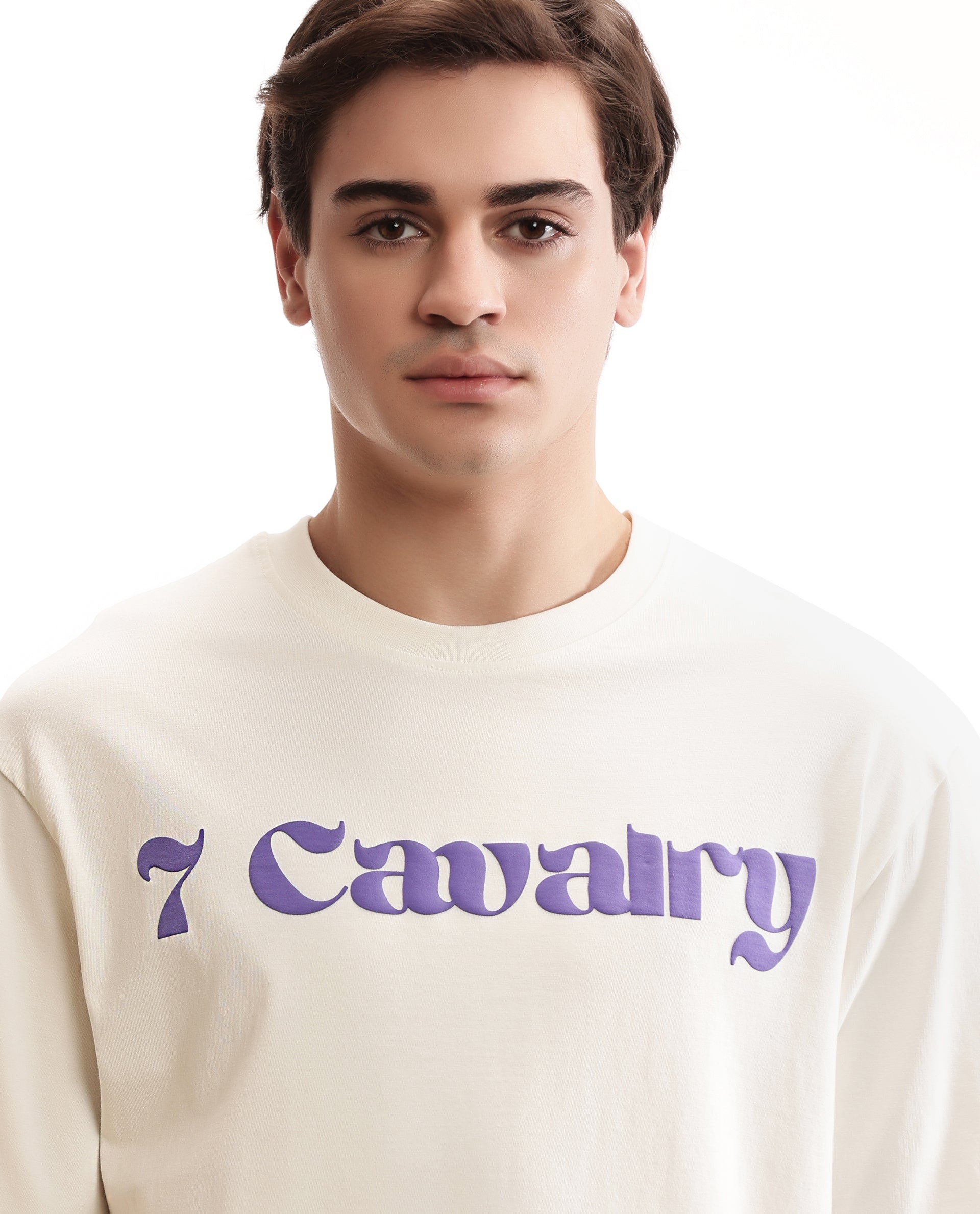 Ivory White Single Jersey Crew Neck Oversized T-Shirt with Deep Purple Puff Print