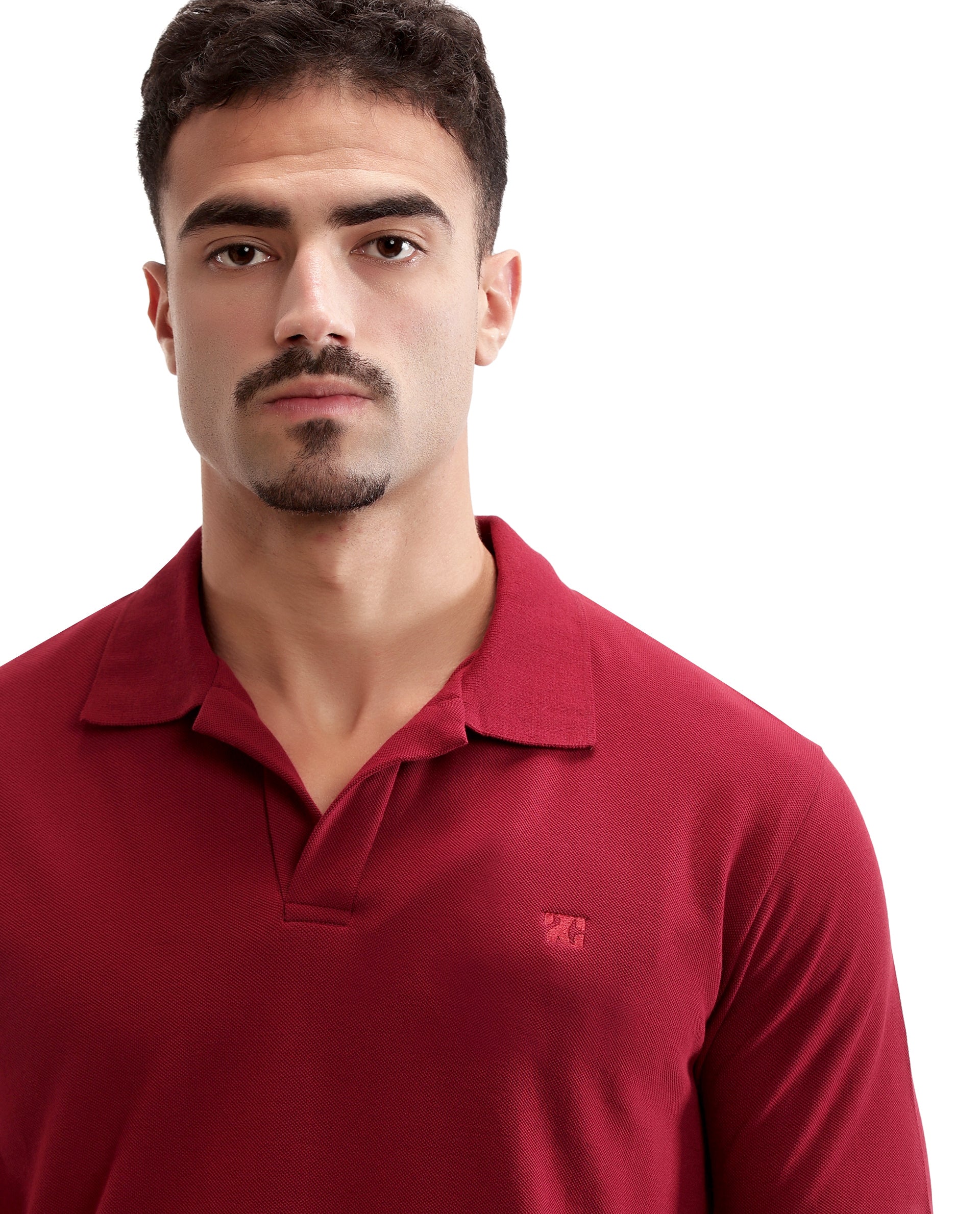 Bordeaux Maroon Johnny Collar Pique Polo with Tone-on-Tone 7C Embroidery