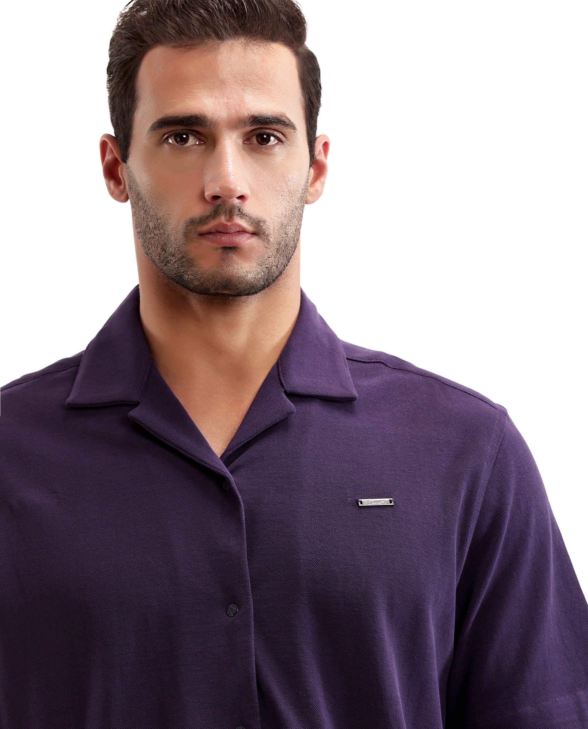 Deep Purple Pique Knit Shirt with 7C Engraved Snap Buttons, Gun Metal Badge