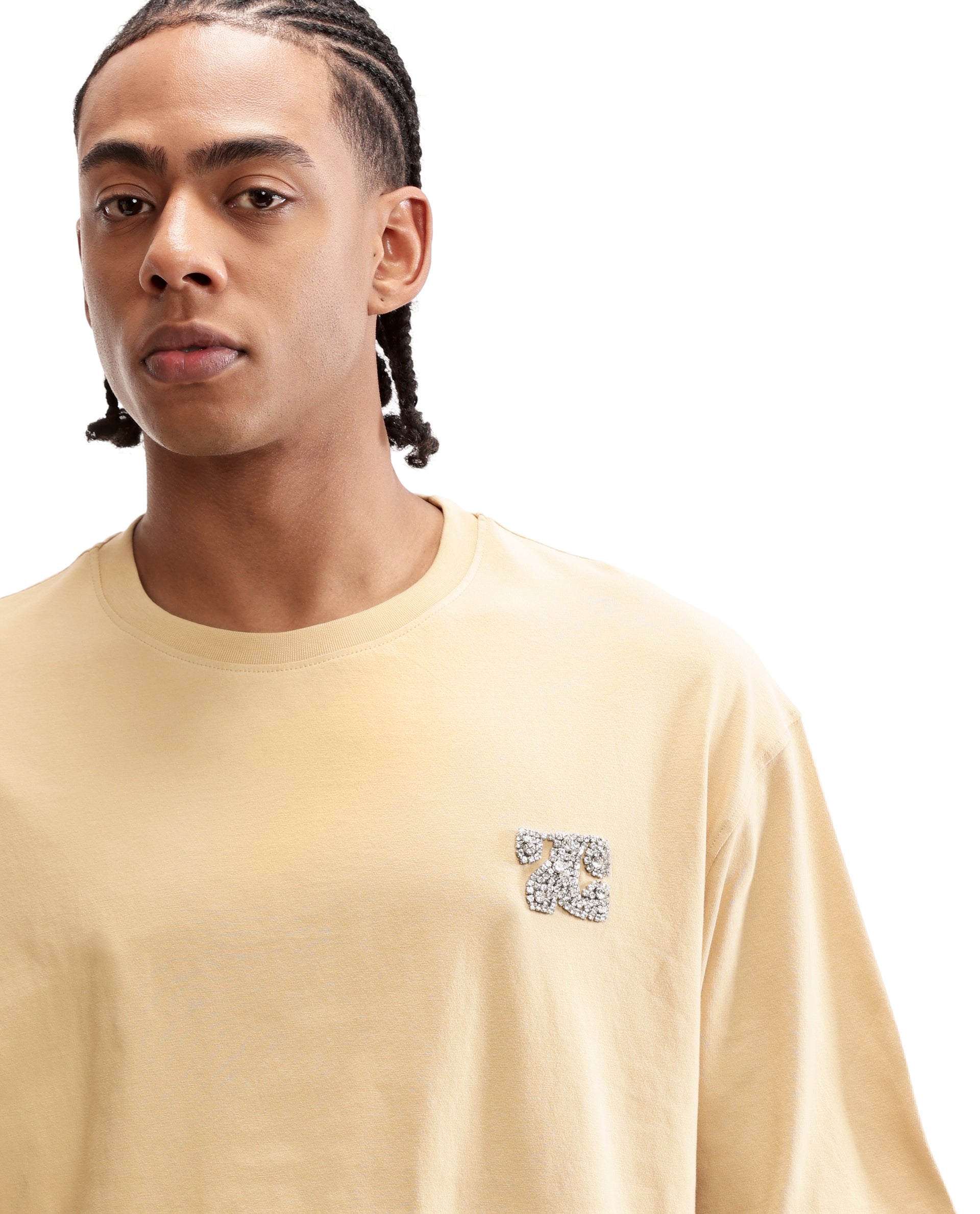 Camel Beige Single Jersey Crew Neck Oversized T-Shirt with Crystal Finish Rhinestones