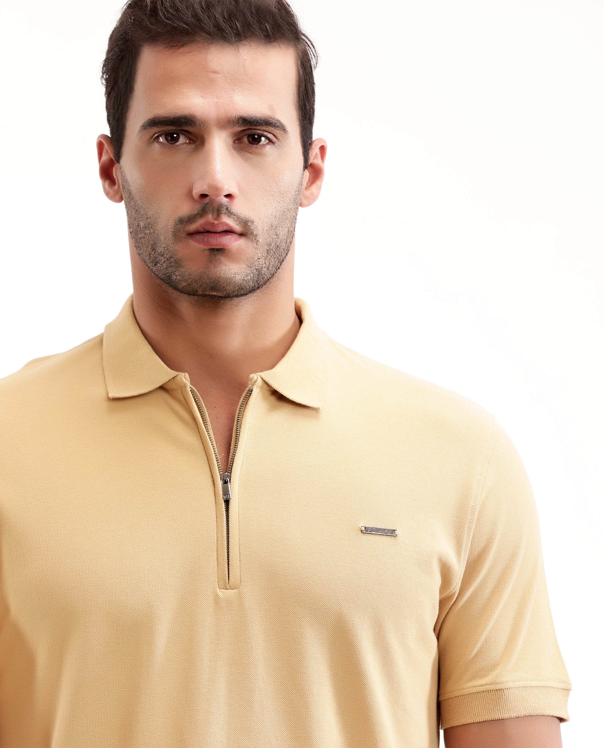 Camel Beige Pique Polo with 7C Metal Zip, Metal Badge