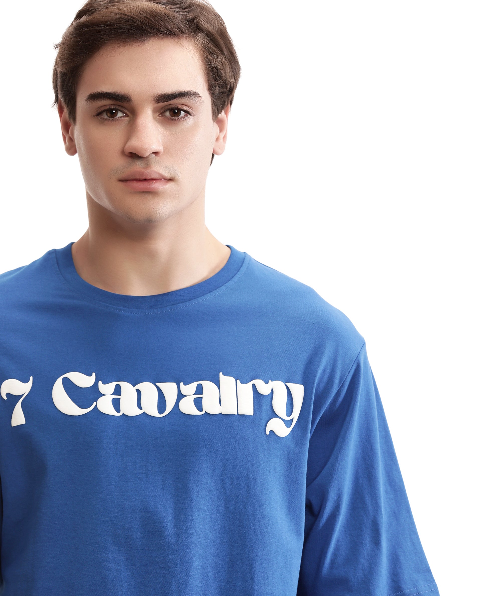 Imperial Prussian Blue Single Jersey Crew Neck Oversized T-Shirt with Pure White Puff Print