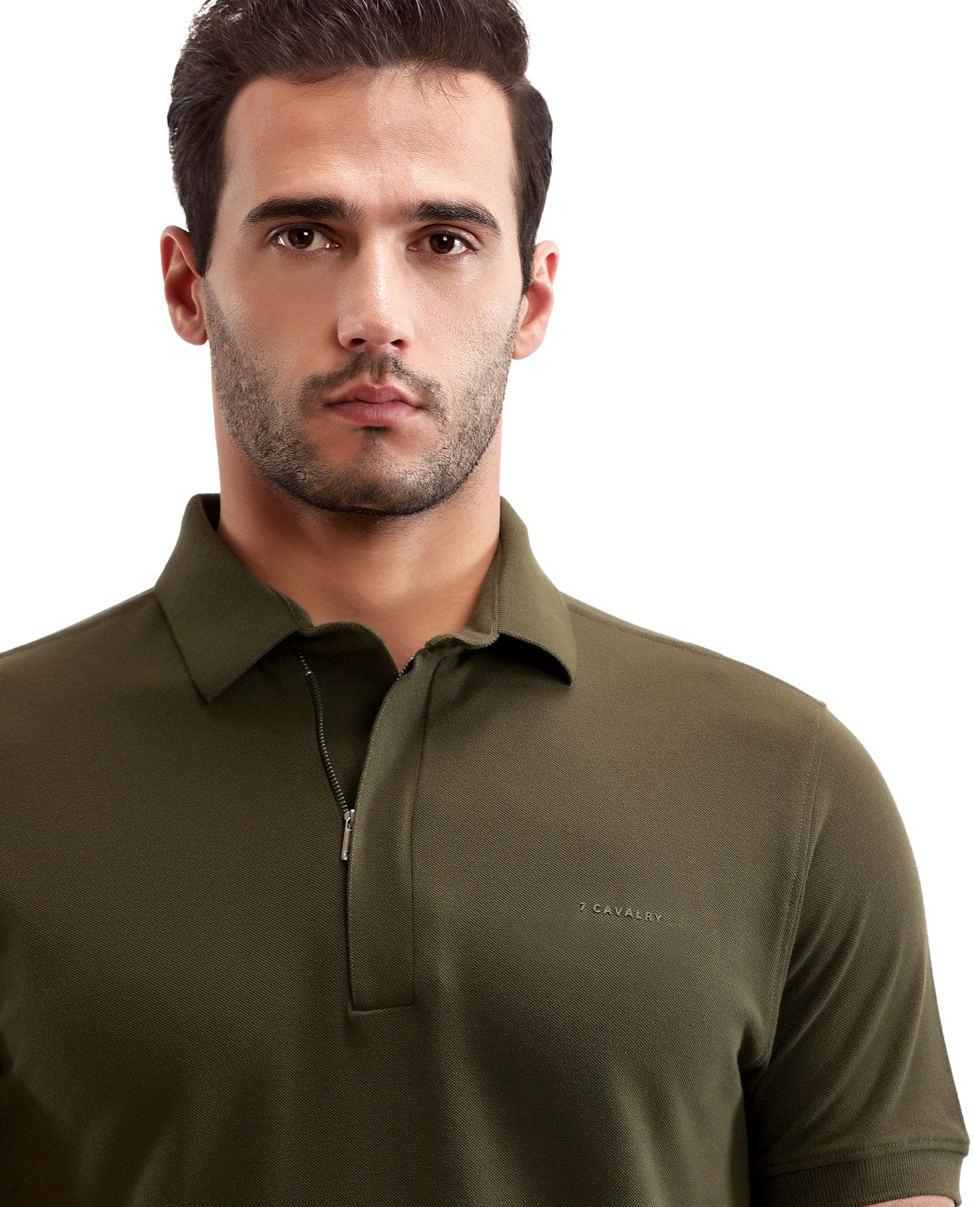 Vintage Olive Pique Polo with Concealed 7C Metal Zip, HD Print