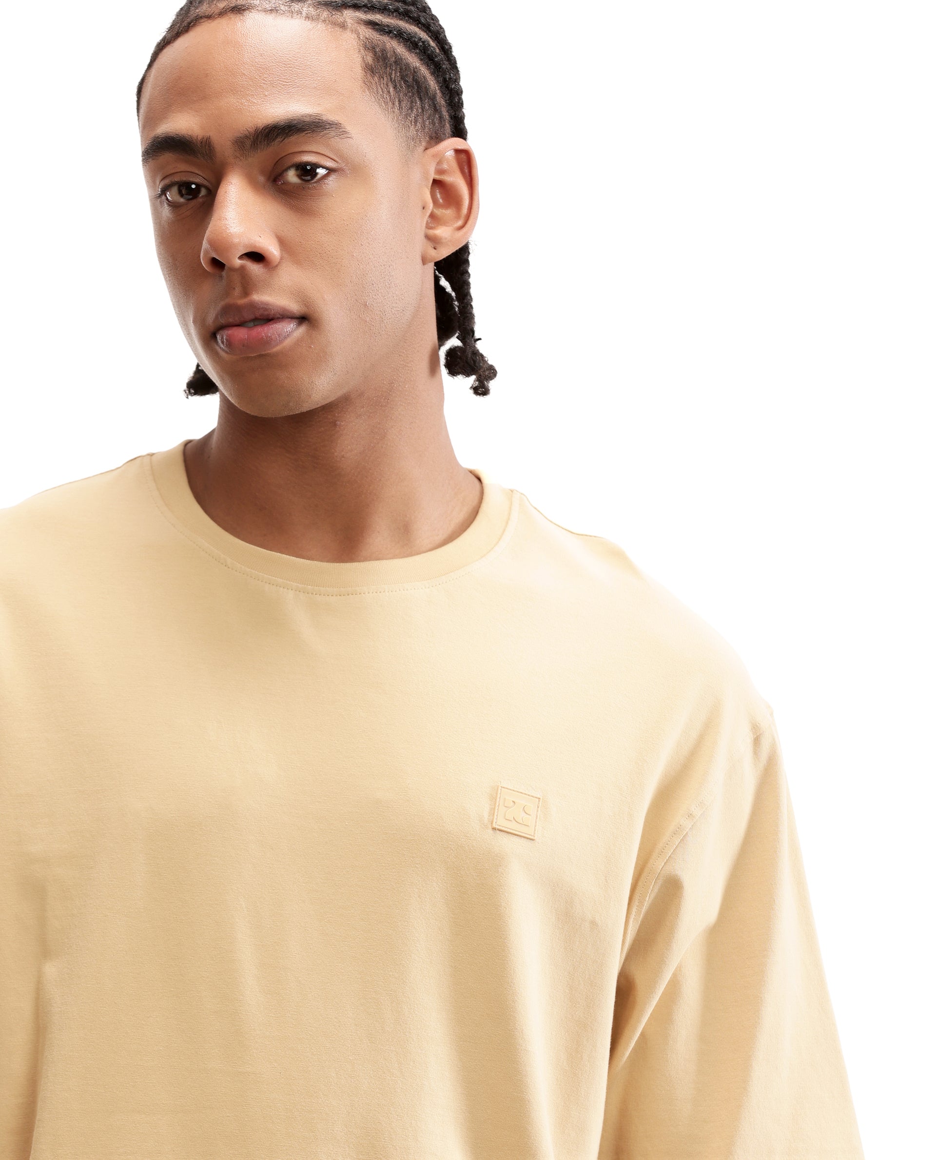 Camel Beige Single Jersey Crew Neck Oversized T-Shirt with 7C Premium Rubber Badge