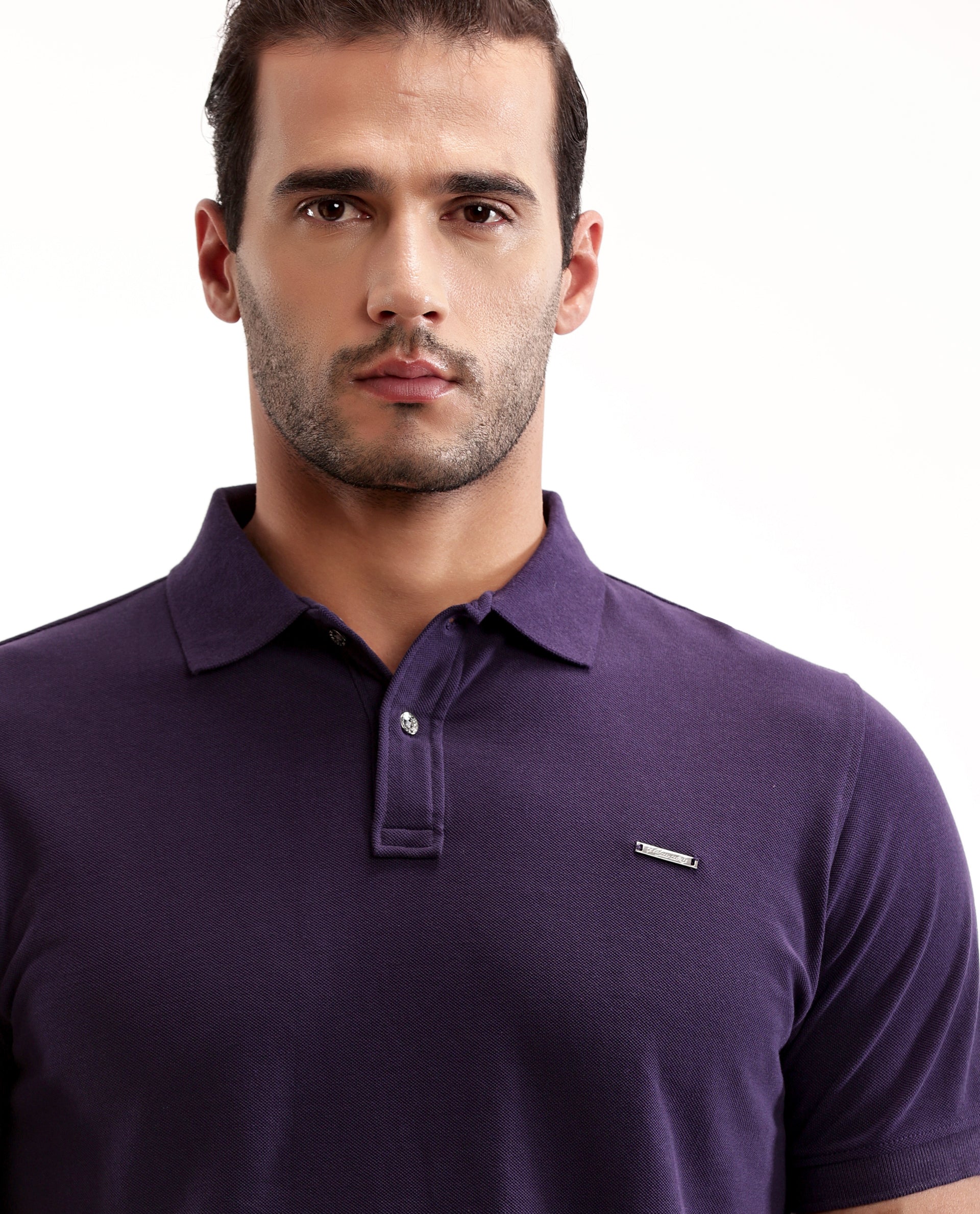 Deep Purple Pique Polo with Metal Buttons, 7C Metal Badge