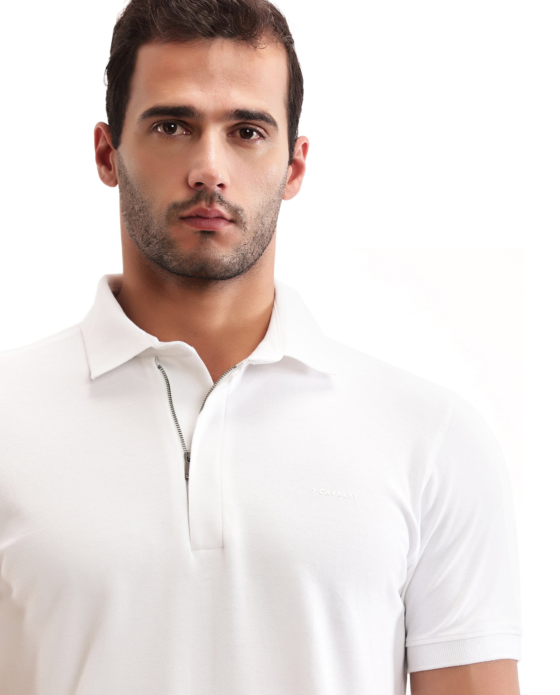 Pure White Pique Polo with Concealed 7C Metal Zip, HD Print