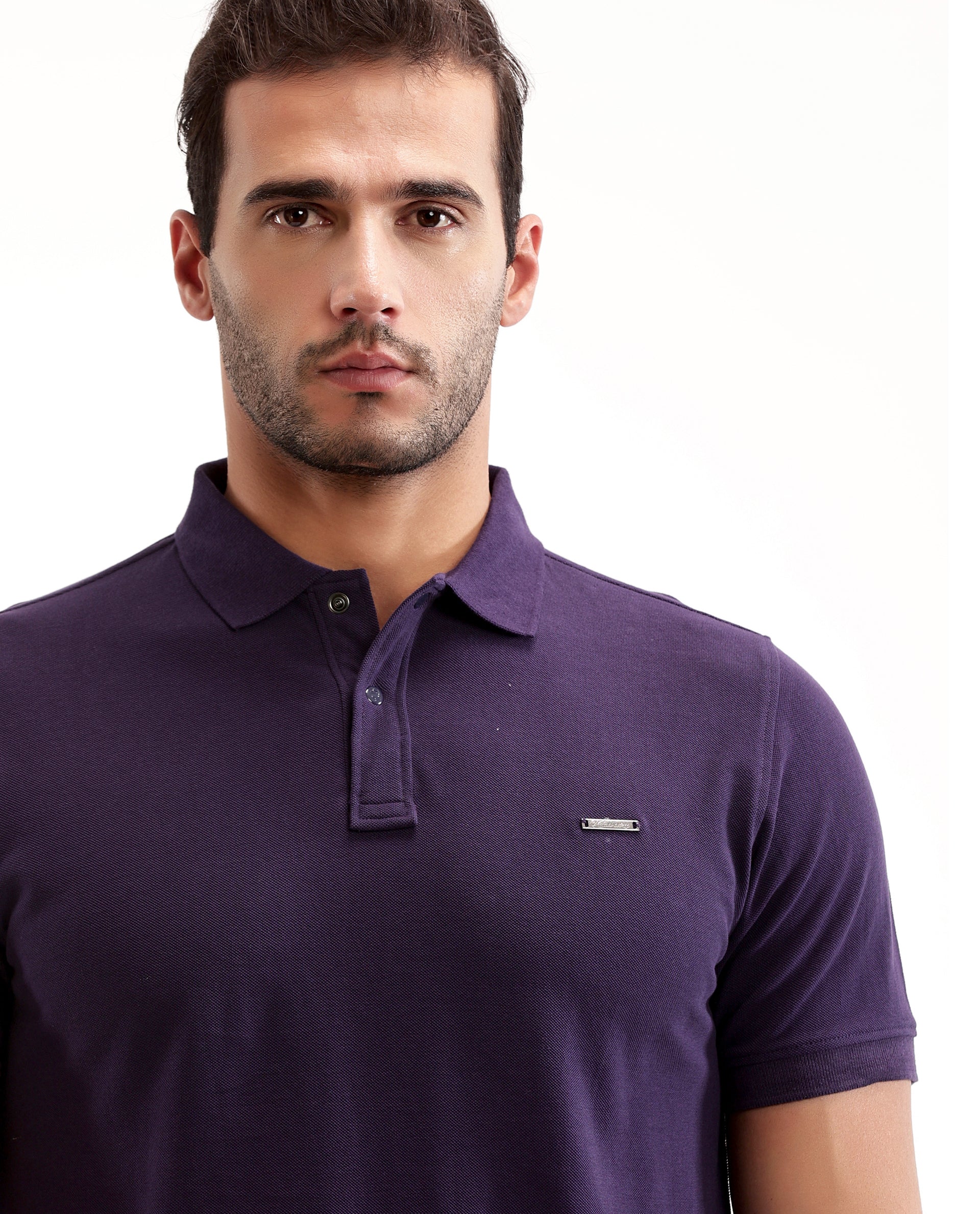 Deep Purple Pique Polo with 7C Snap Buttons, Metal Badge