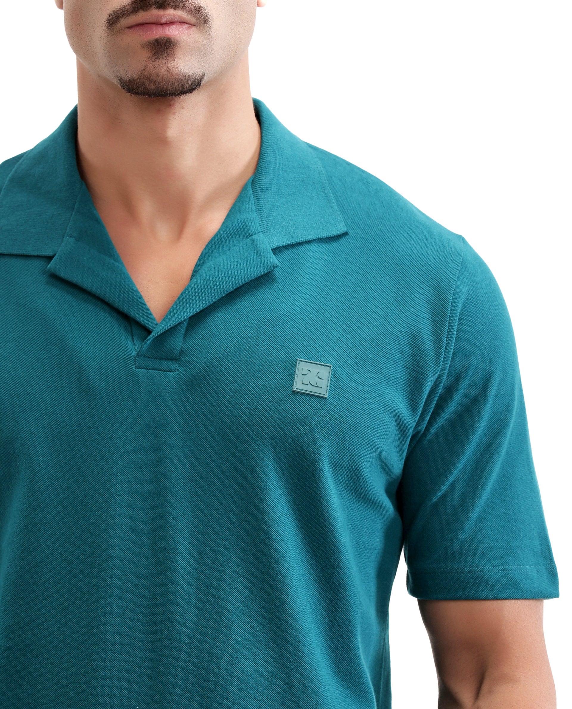 Ocean Teal Pique Johnny Collar Polo with 7C Rubber Badge