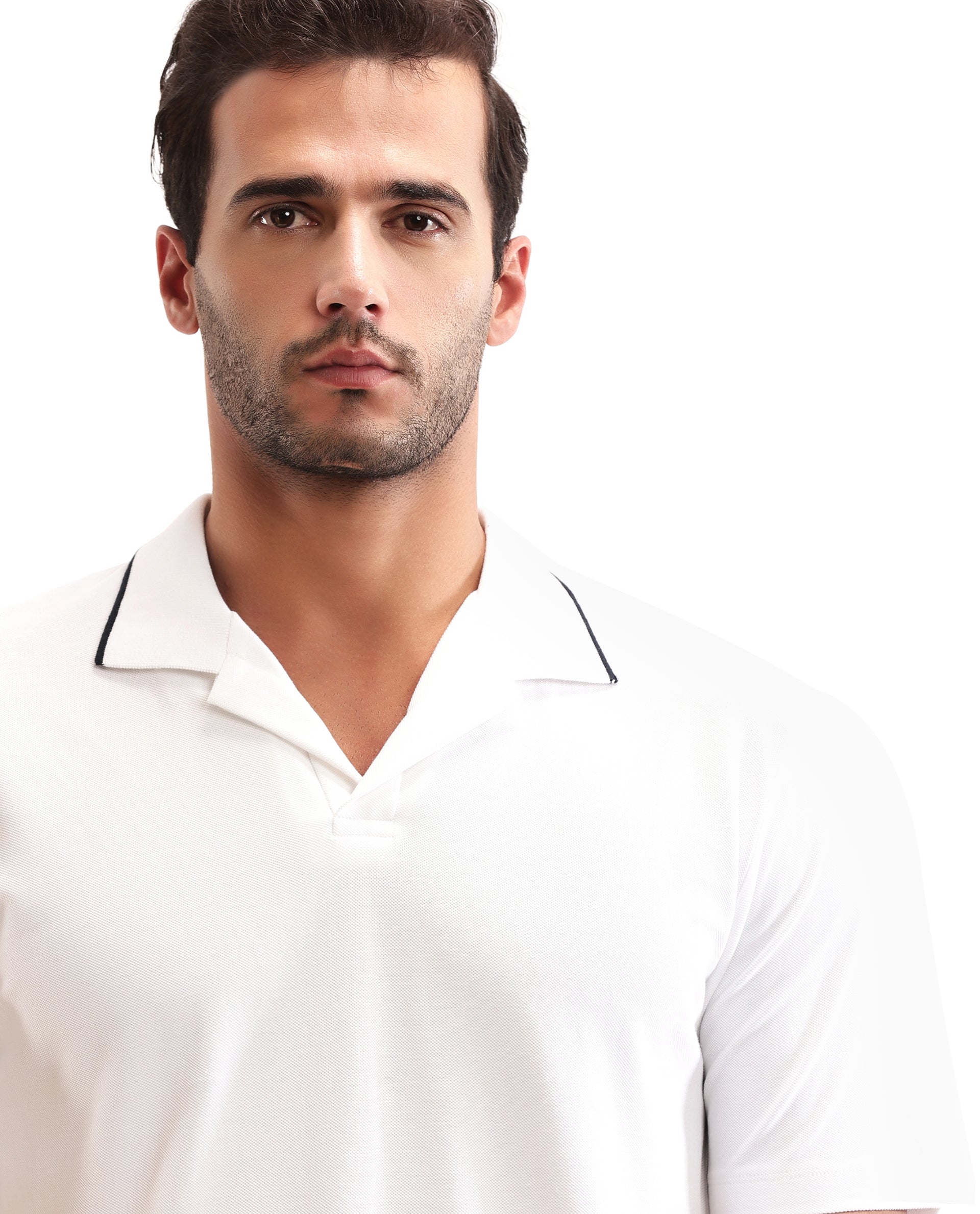 Pure White Johnny Collar Pique Polo with Midnight Navy Blue Collar Piping