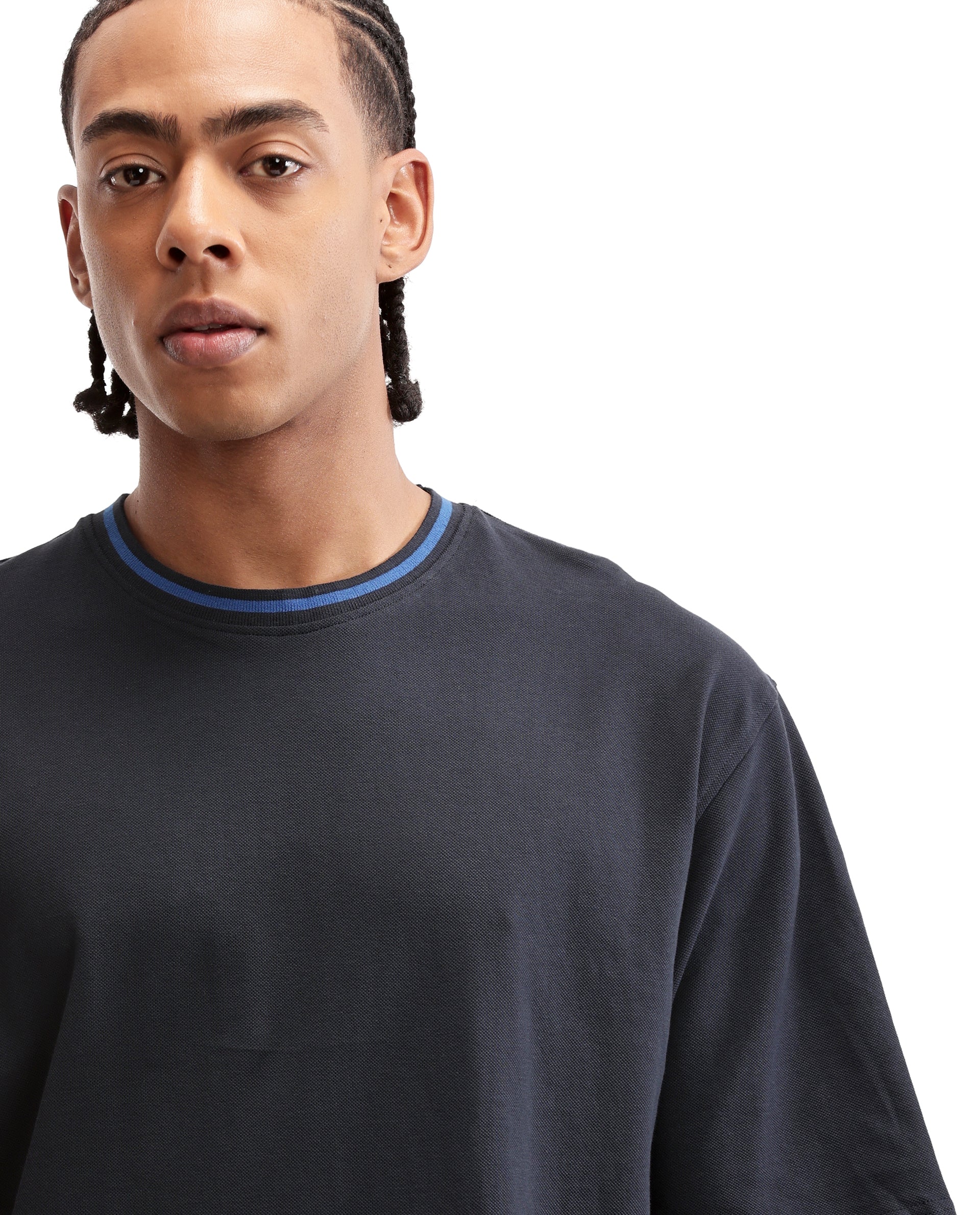 Midnight Navy Blue Pique Crew Neck Oversized T-Shirt with Imperial Prussian Blue