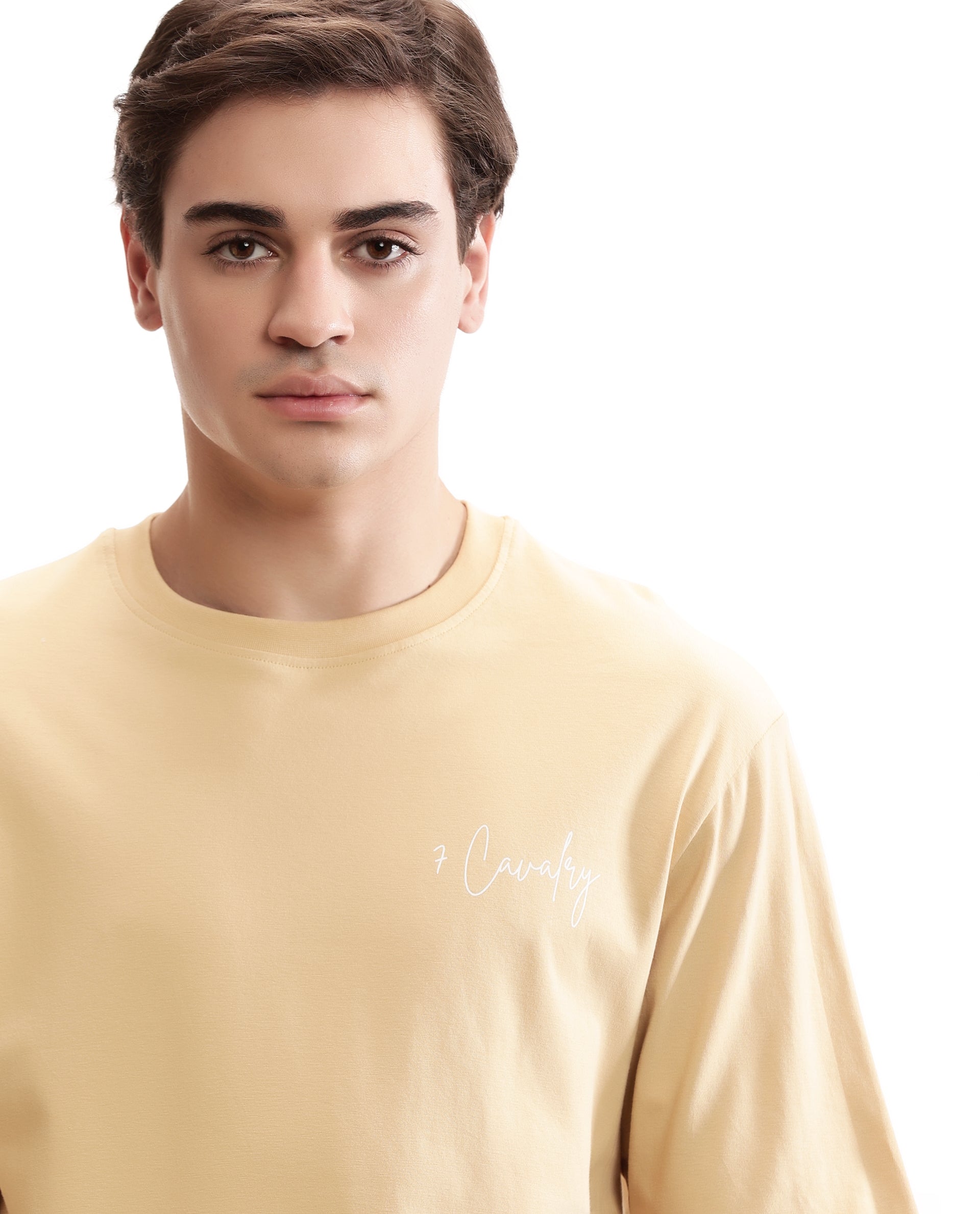 Camel Beige Single Jersey Crew Neck Oversized T-Shirt with Pure White Non-PVC Print