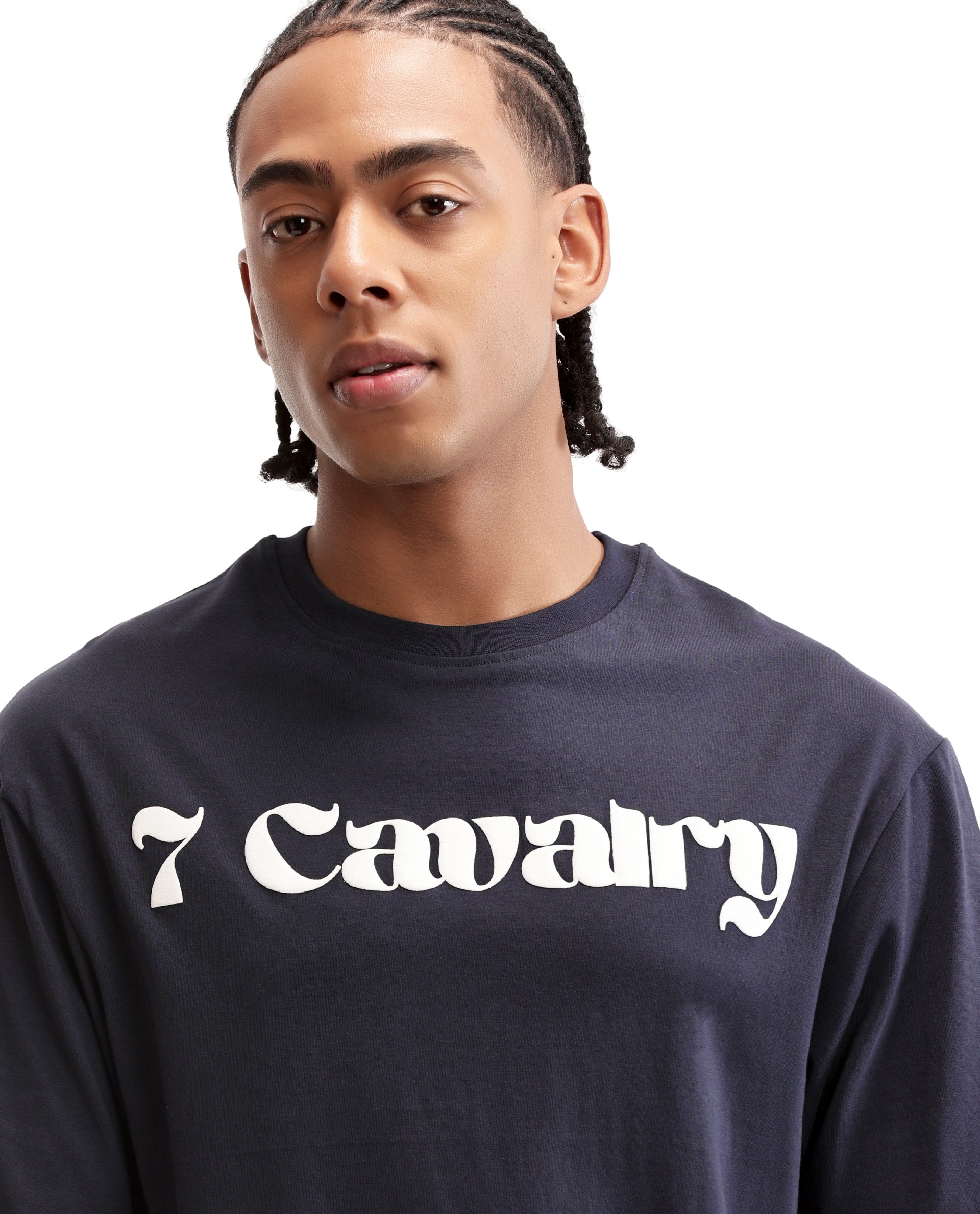 Midnight Navy Blue Single Jersey Crew Neck Oversized T-Shirt with Pure White Puff Print