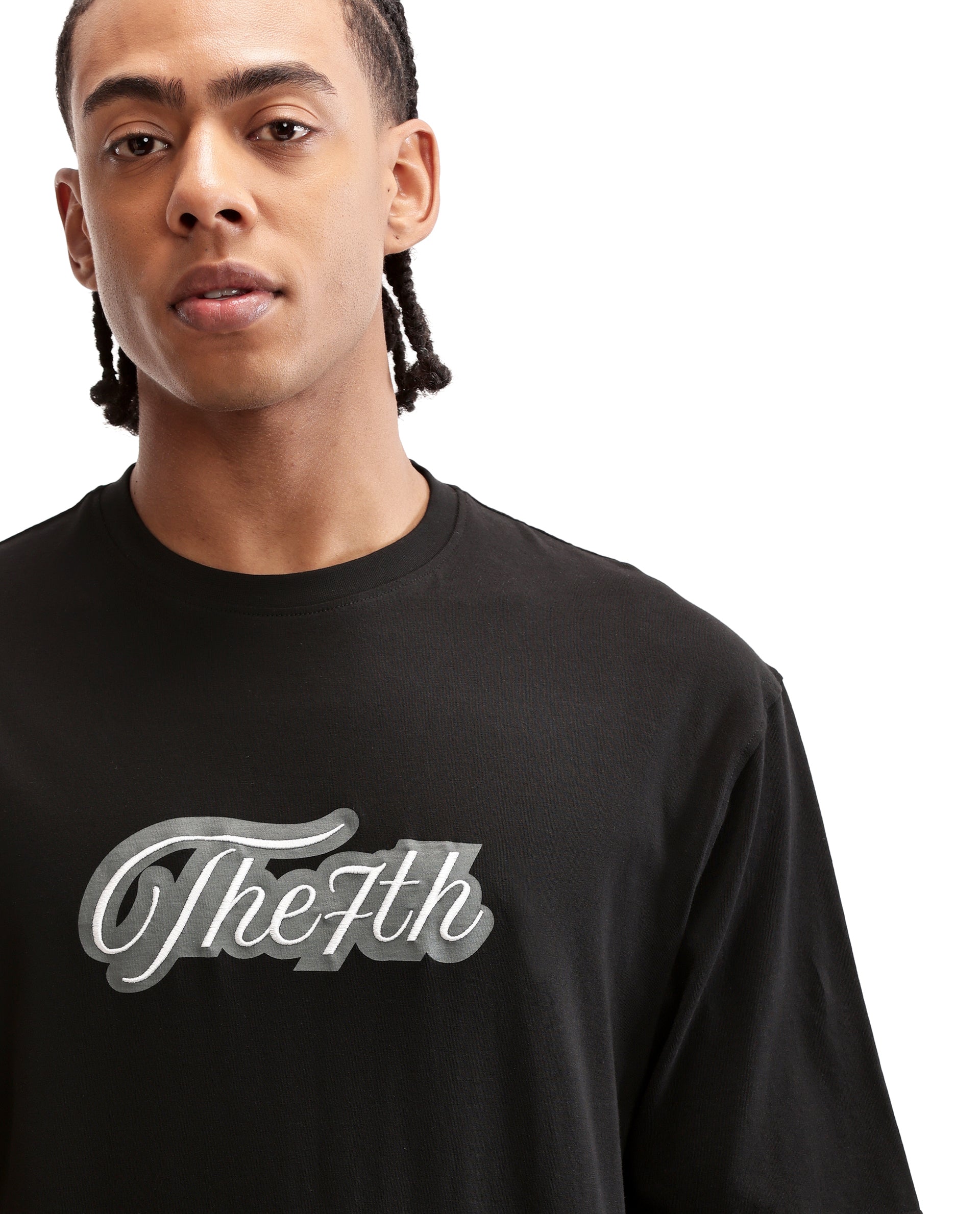 Charcoal Black Single Jersey Crew Neck Oversized T-Shirt with Charcoal Grey Print & Pure White 7C Embroidery