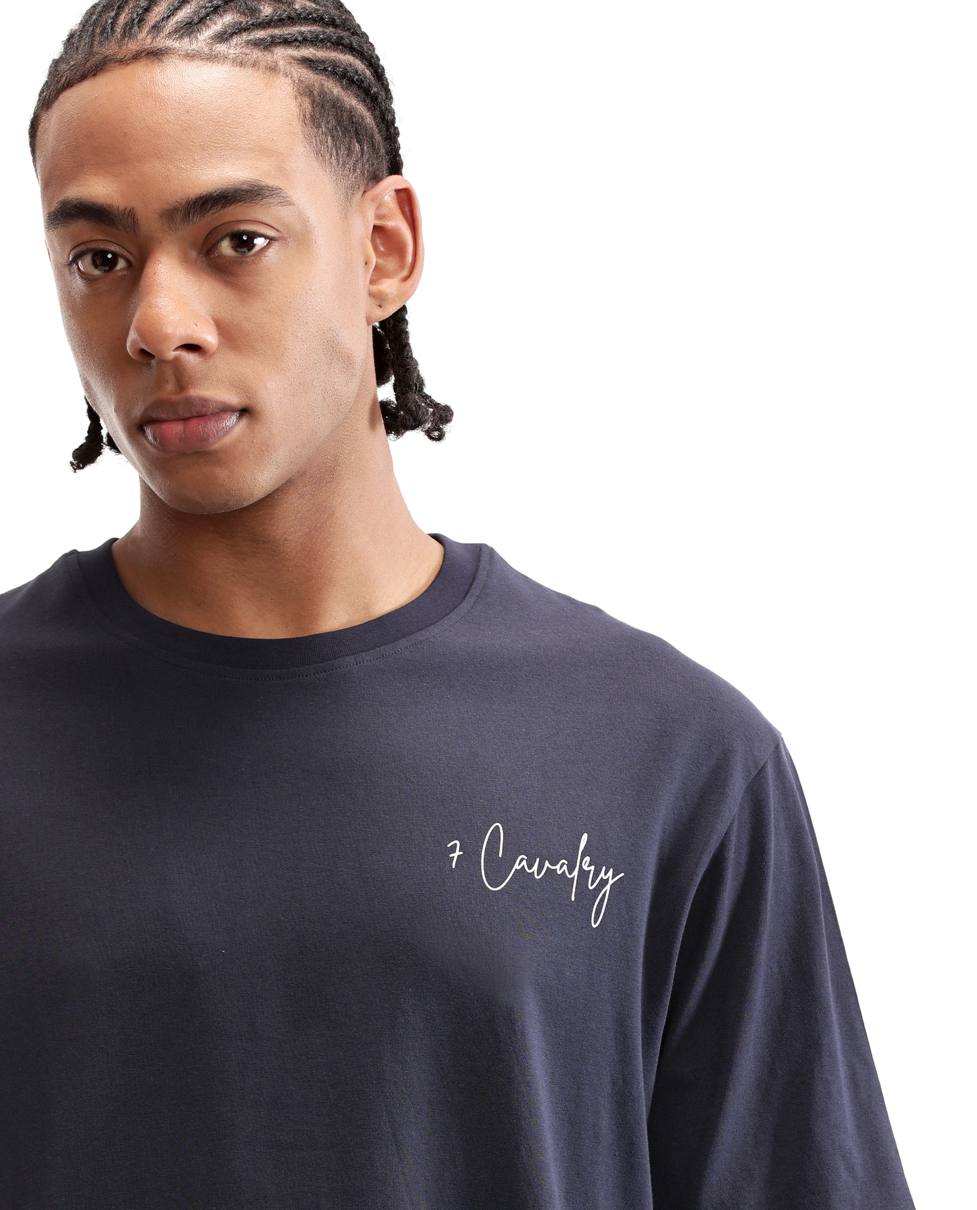 Midnight Navy Blue Single Jersey Crew Neck Oversized T-Shirt with Pure White Non-PVC Print