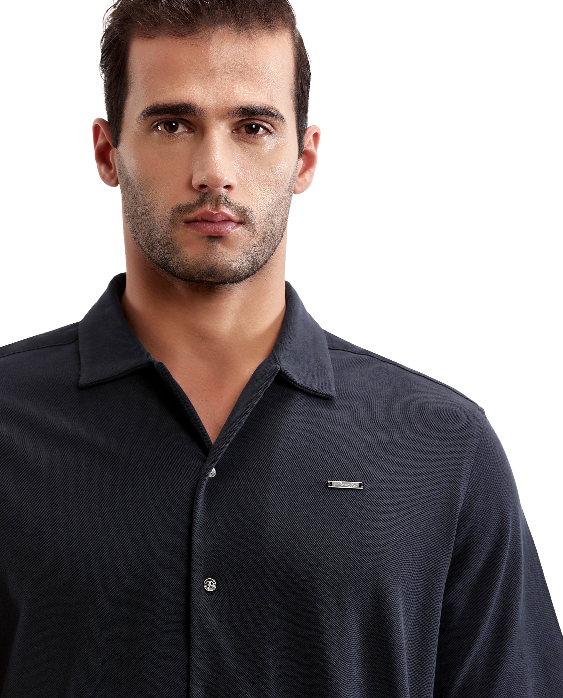 Midnight Navy Blue Pique Knit Shirt with 7C Metal Buttons, Gun Metal Badge