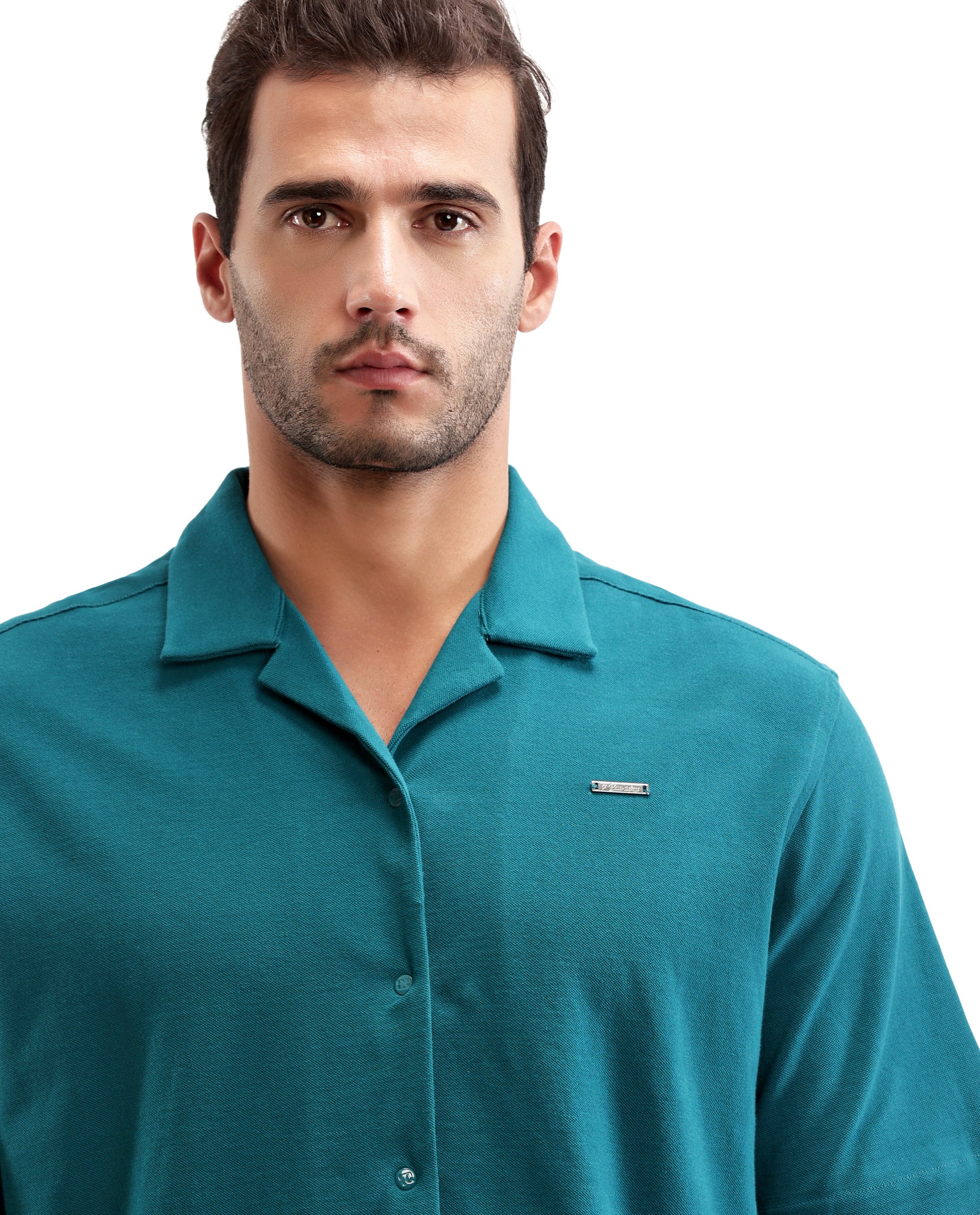 Ocean Teal Pique Knit Shirt with 7C Engraved Snap Buttons, Gun Metal Badge