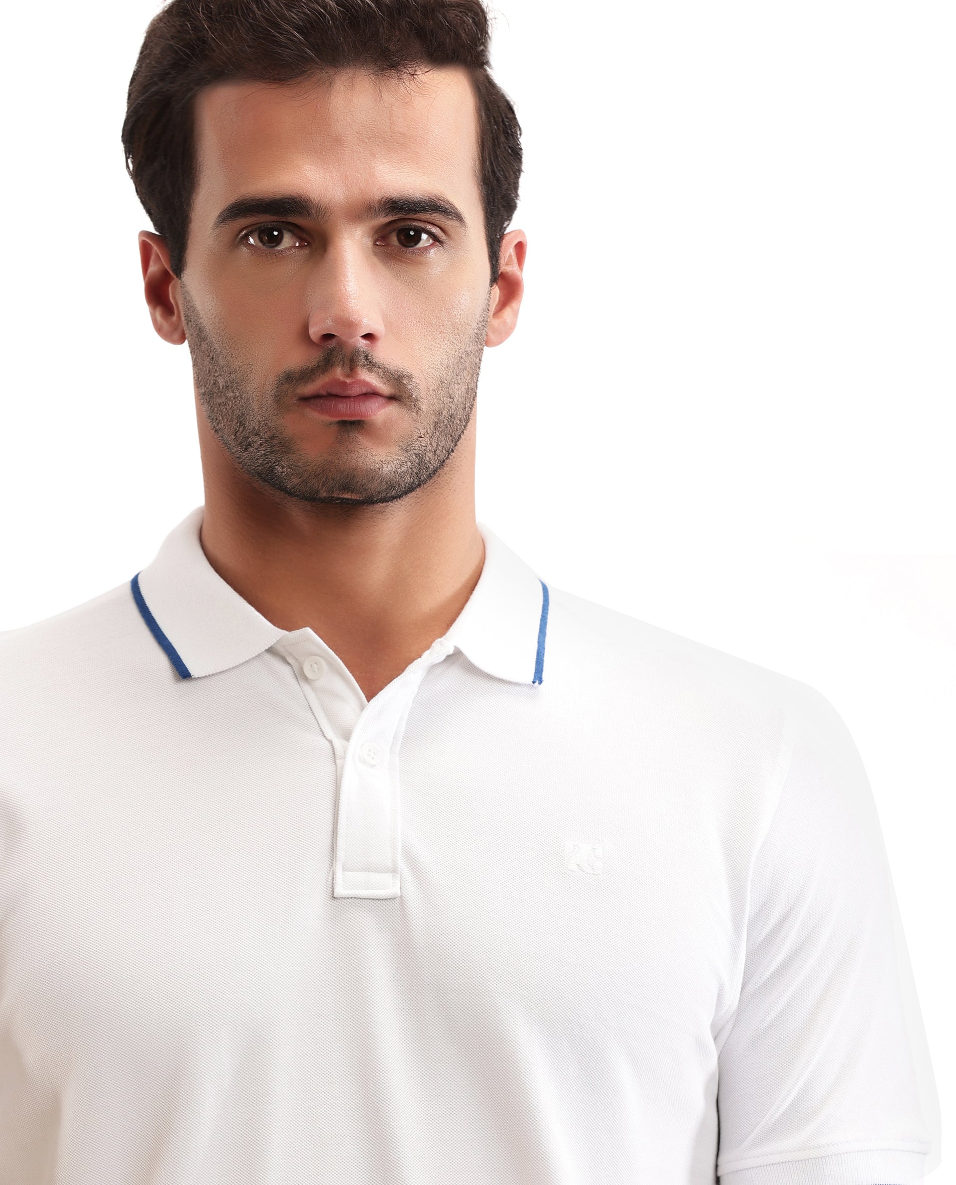 Pure White Pique Polo with Imperial Prussian Blue Collar Piping, Tone-on-Tone 7C Embroidery
