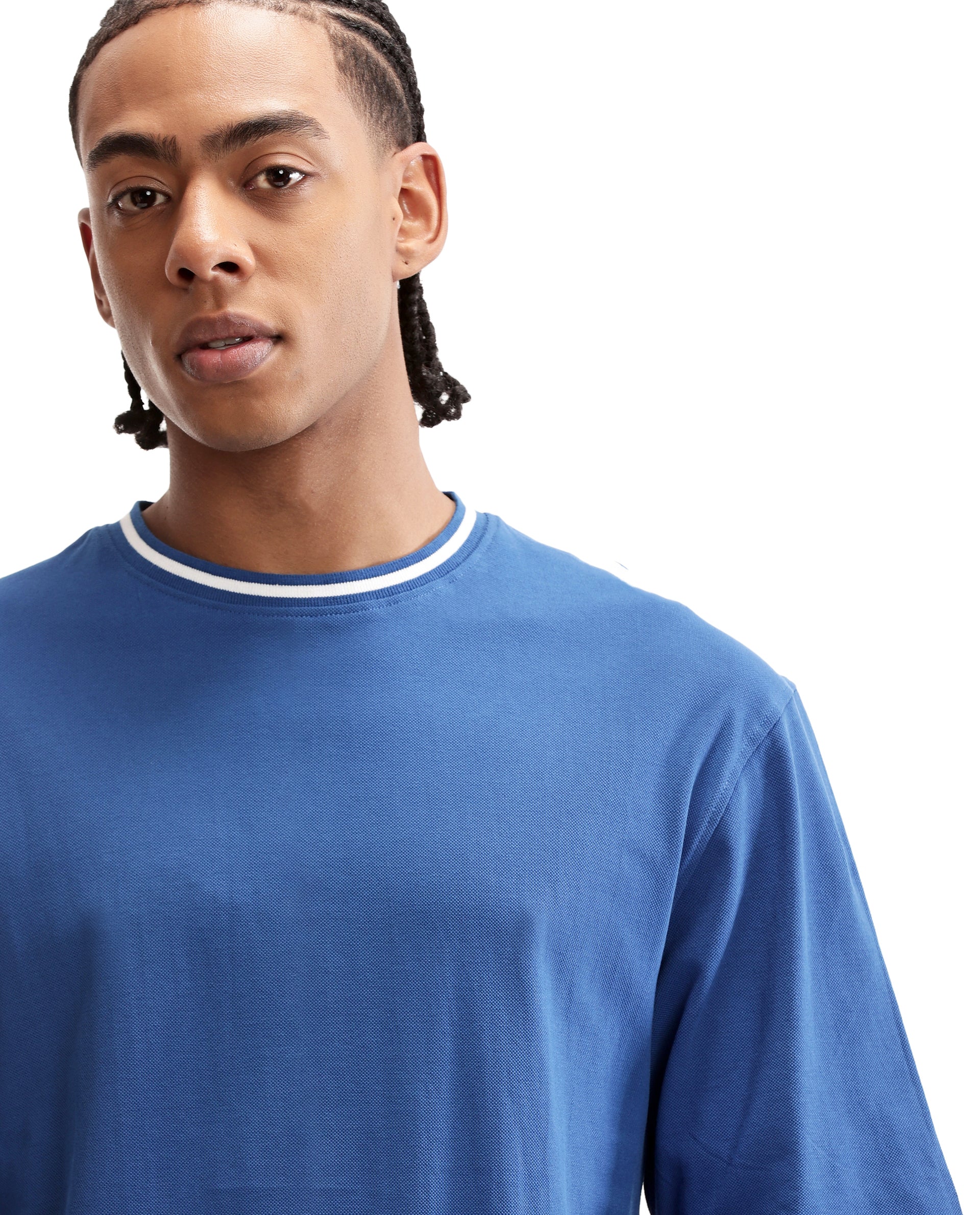 Imperial Prussian Blue Pique Crew Neck Oversized T-Shirt with Pure White Piping