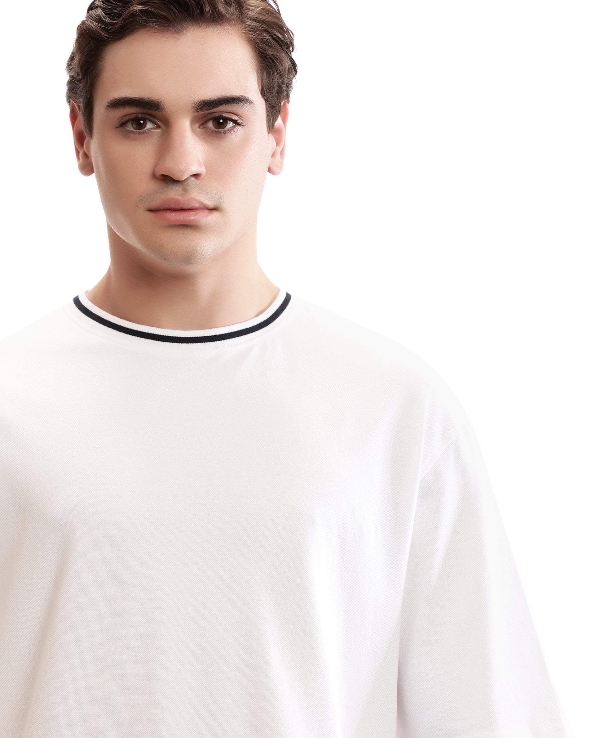 Pure White Pique Crew Neck Oversized T-Shirt with Midnight Navy Blue Piping