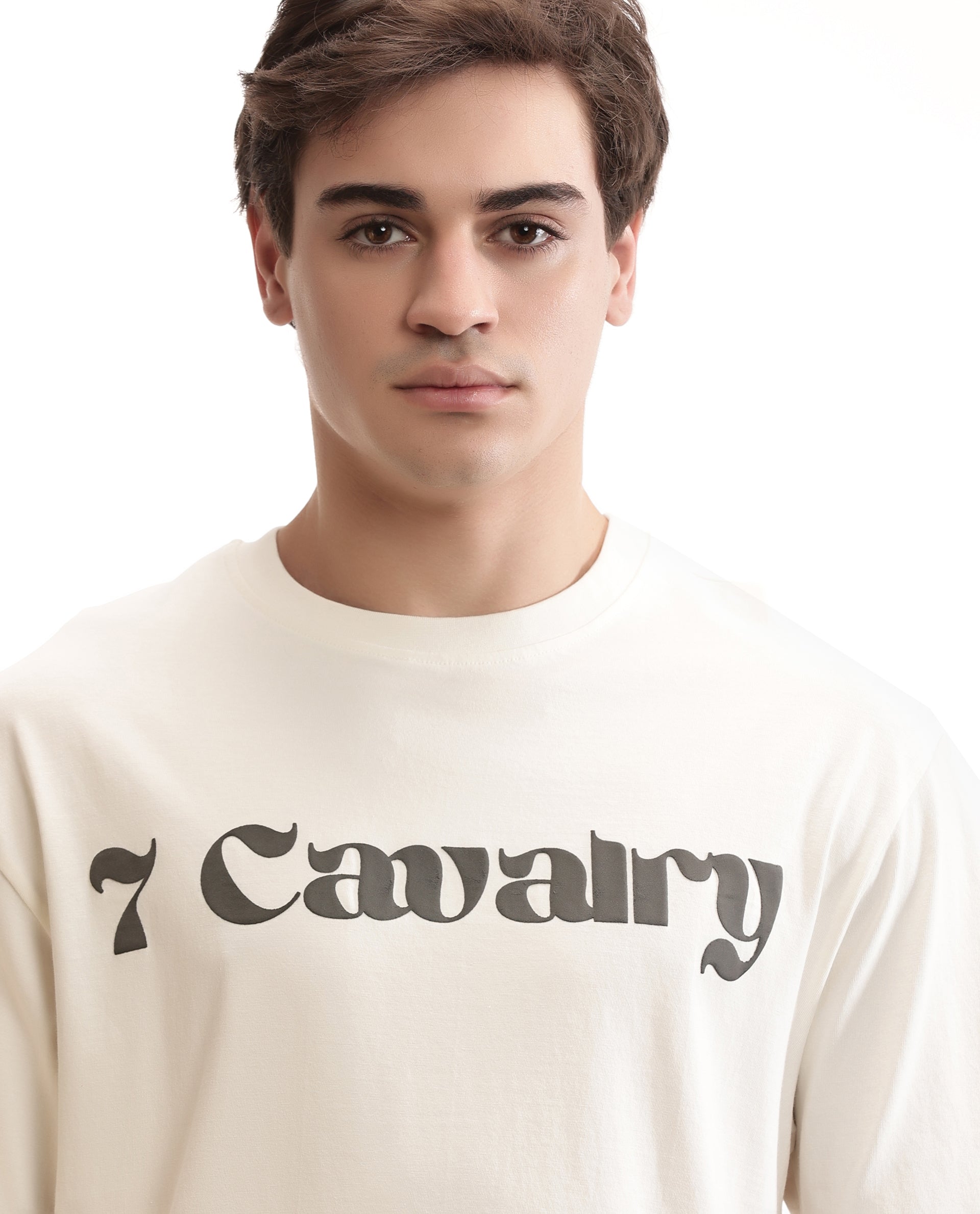 Ivory White Single Jersey Crew Neck Oversized T-Shirt with Charcoal Black Puff Print