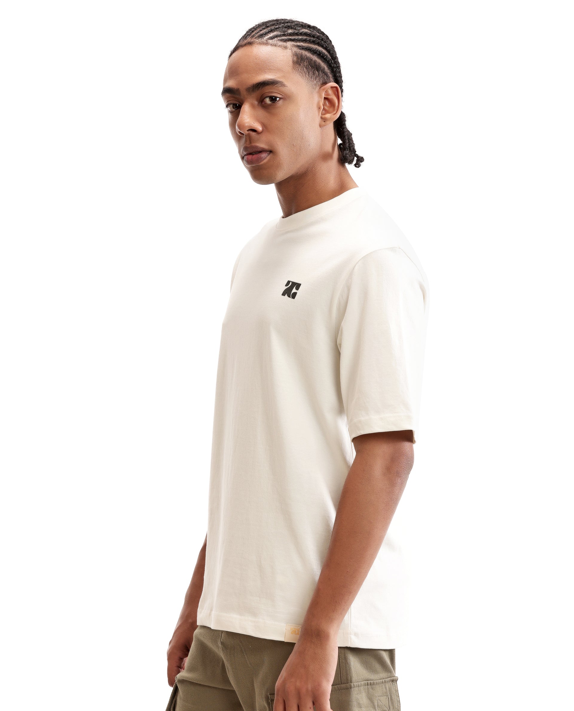 Ivory White Single Jersey Crew Neck Oversized T-Shirt with Charcoal Black HD Print