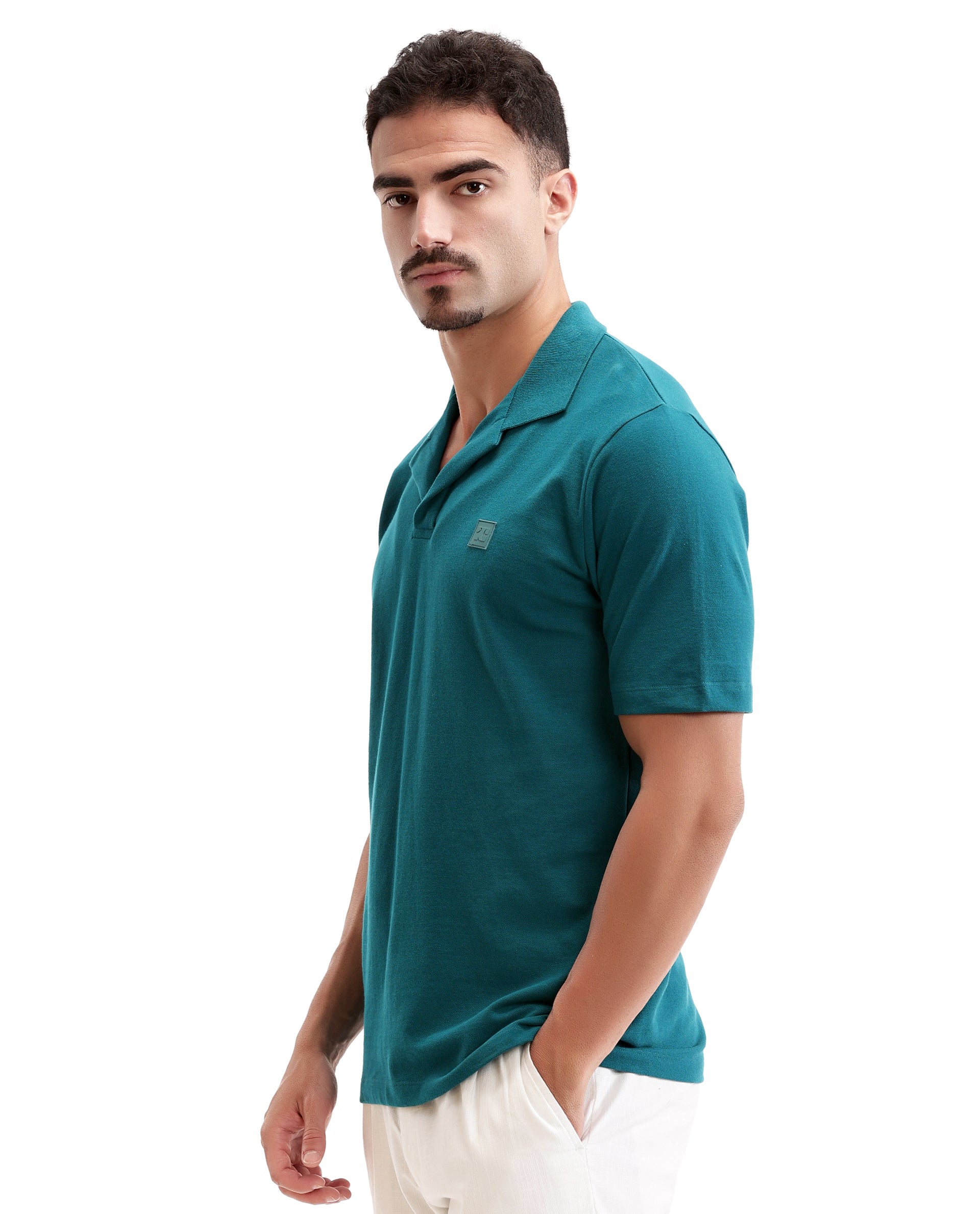 Ocean Teal Pique Johnny Collar Polo with 7C Rubber Badge