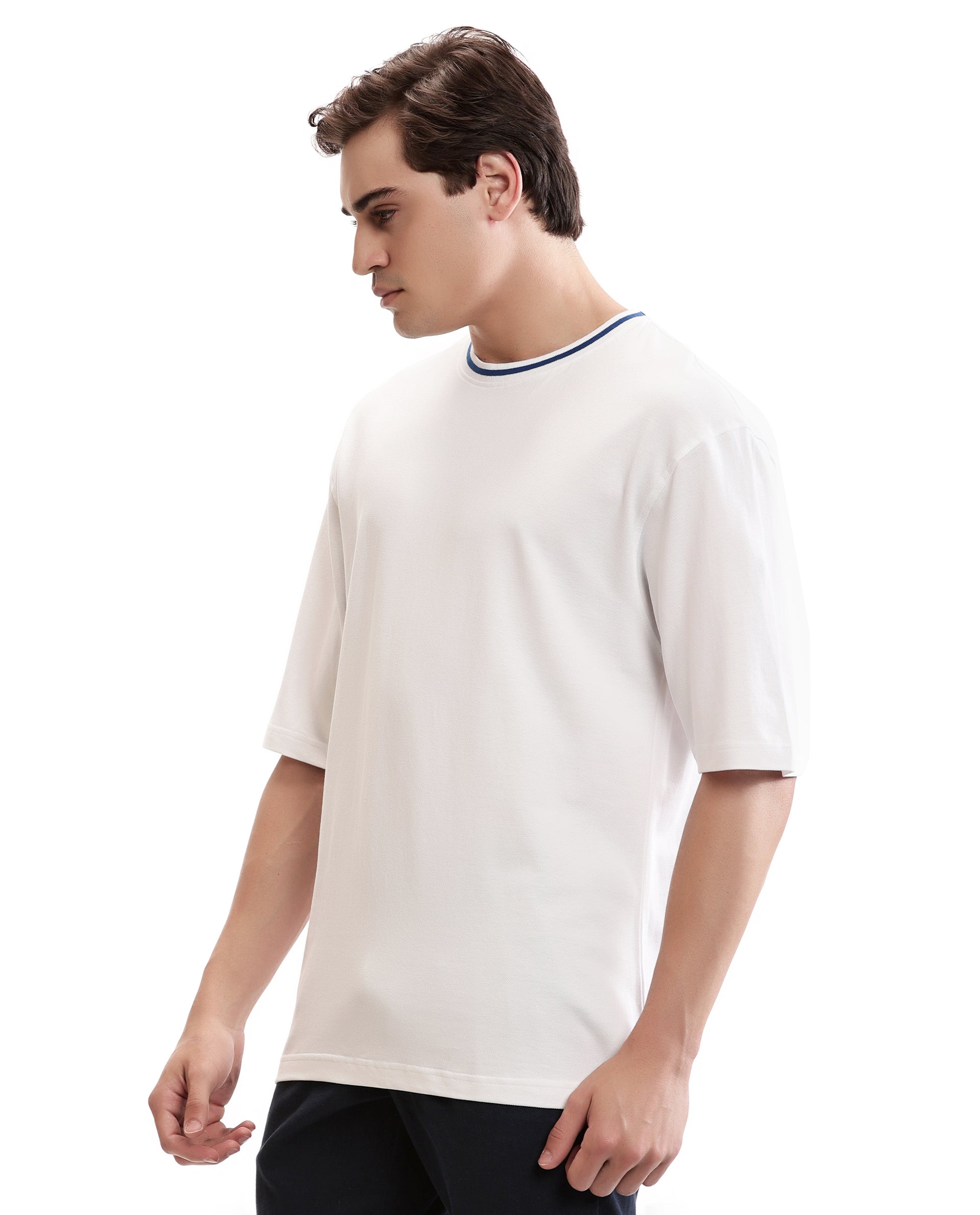 Pure White Pique Crew Neck Oversized T-Shirt with Imperial Prussian Blue Piping