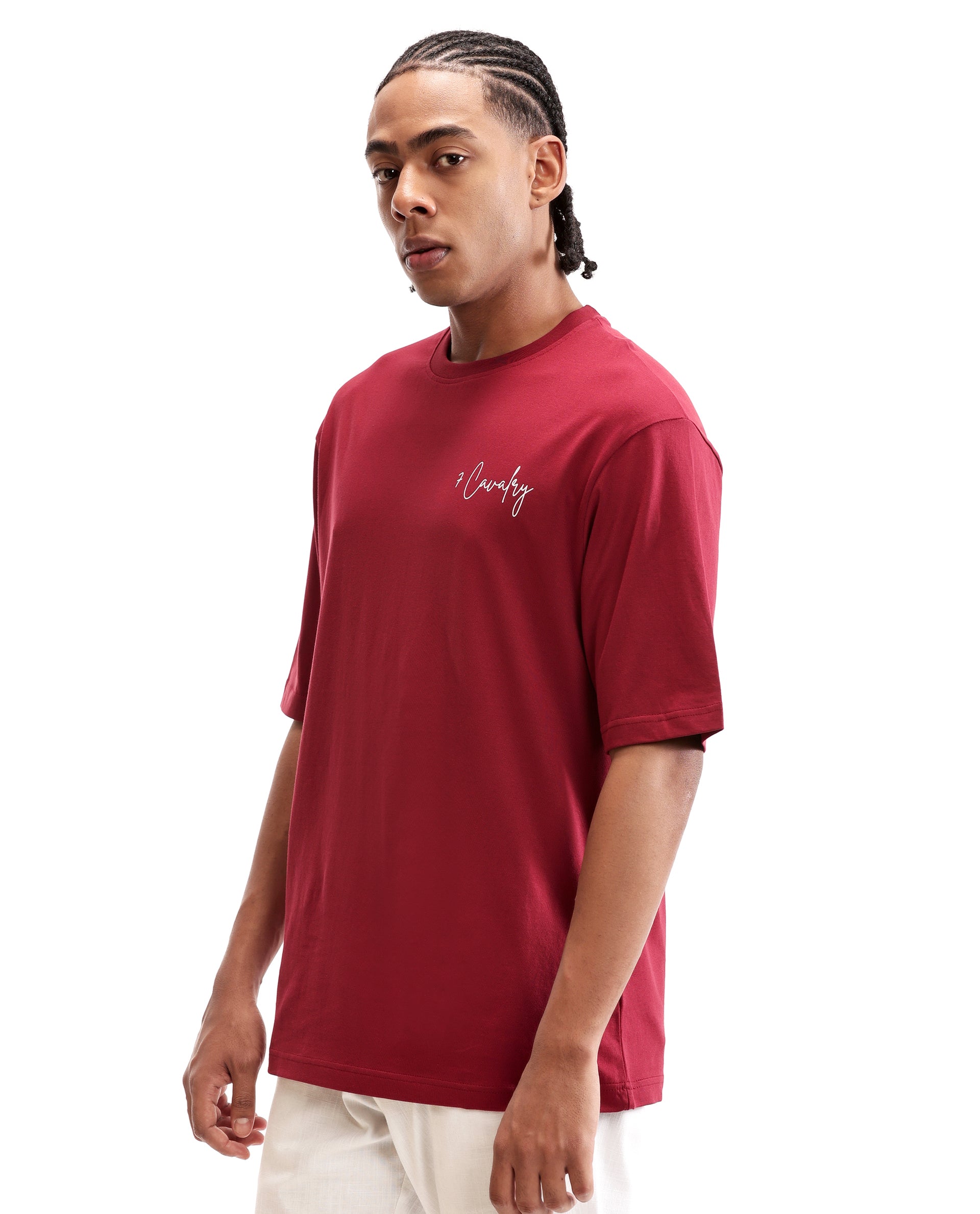 Bordeaux Maroon Single Jersey Crew Neck Oversized T-Shirt with Pure White Non-PVC Print