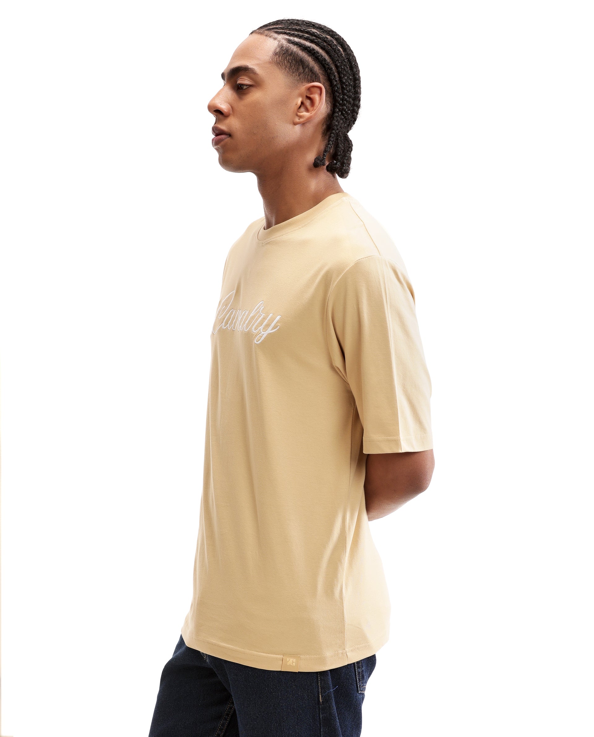 Camel Beige Single Jersey Crew Neck Oversized T-Shirt with Pure White Embroidery
