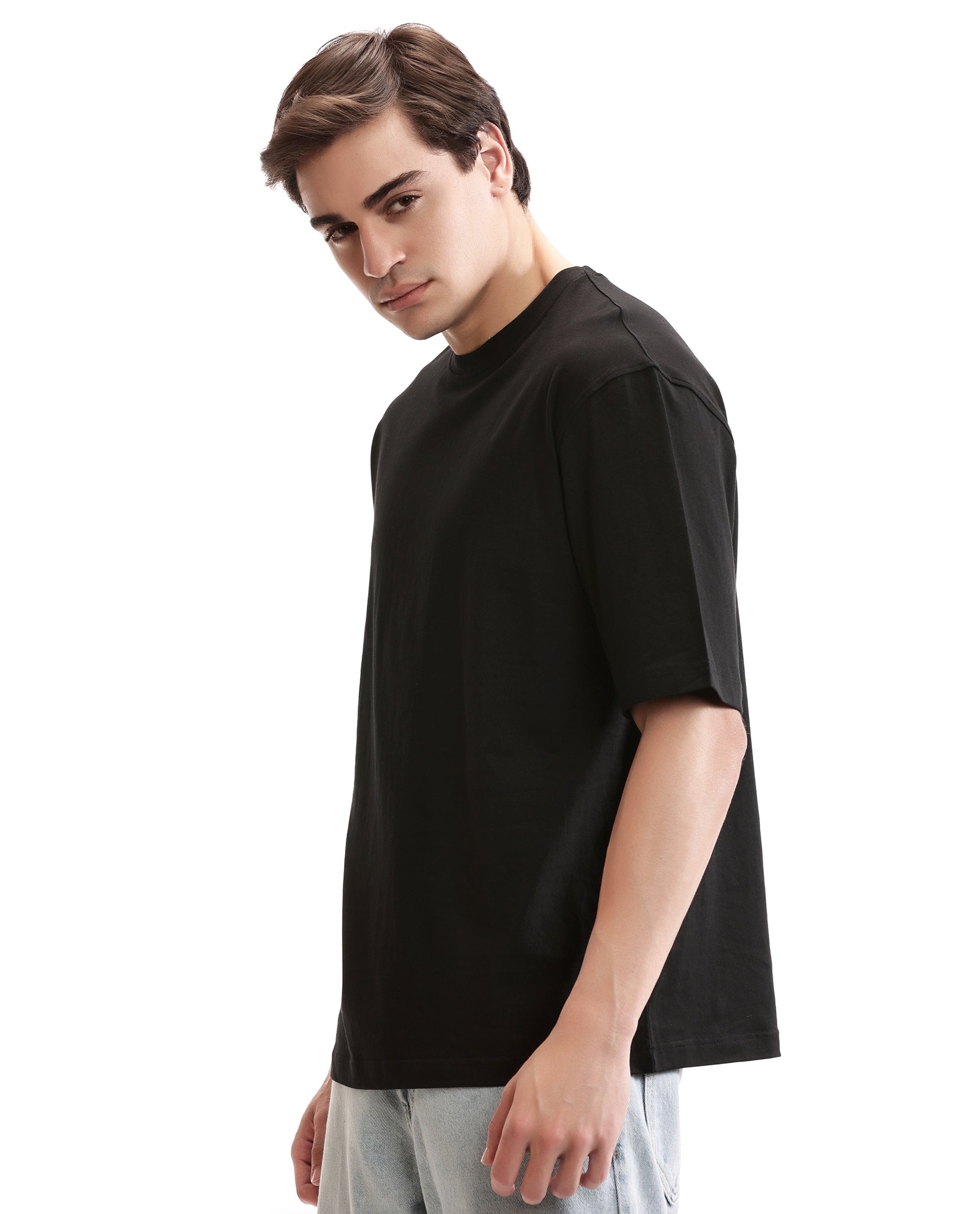Charcoal Black Single Jersey Crew Neck Oversized T-Shirt