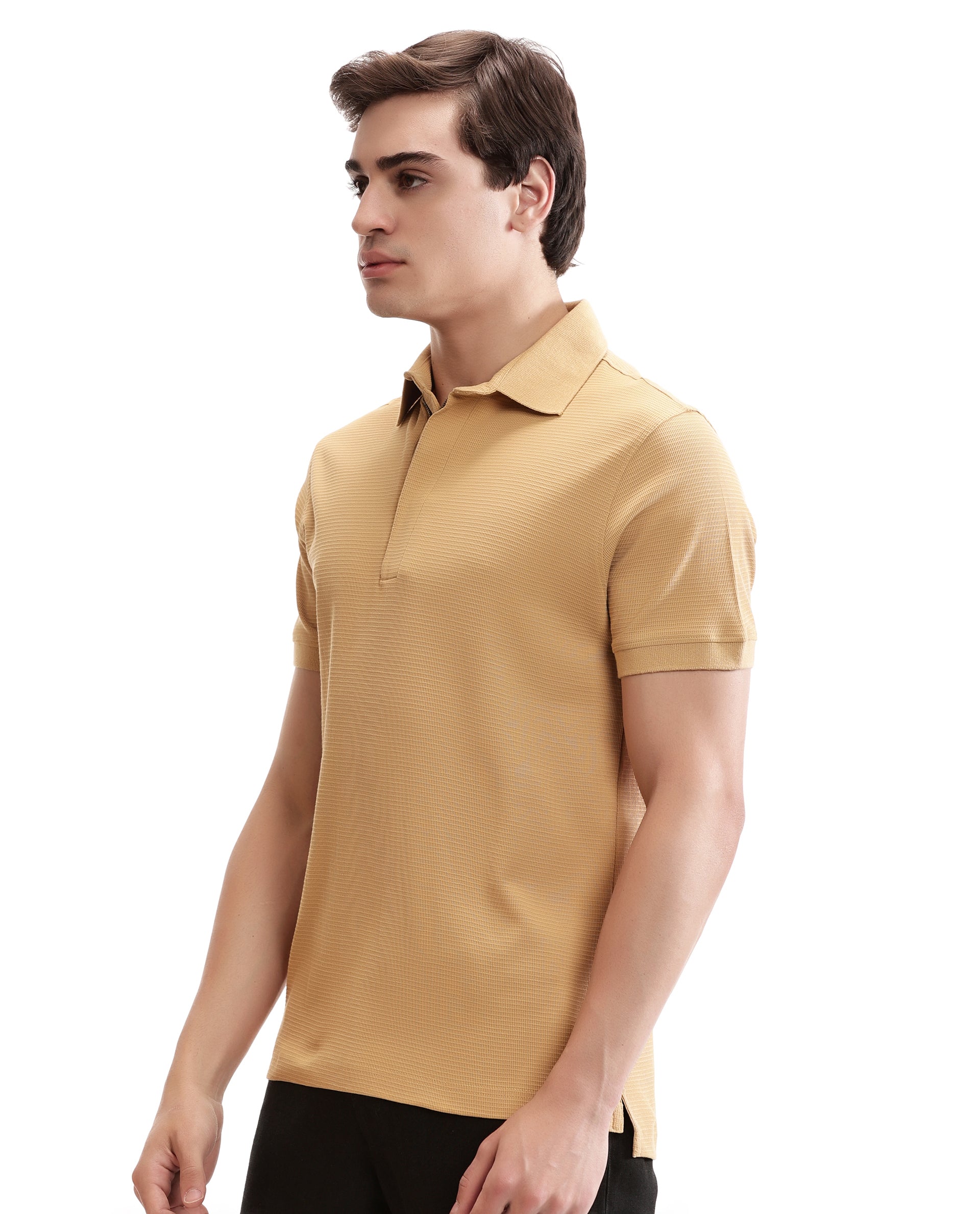 Camel Beige Knitted Waffle Polo with 7C Metal Zip