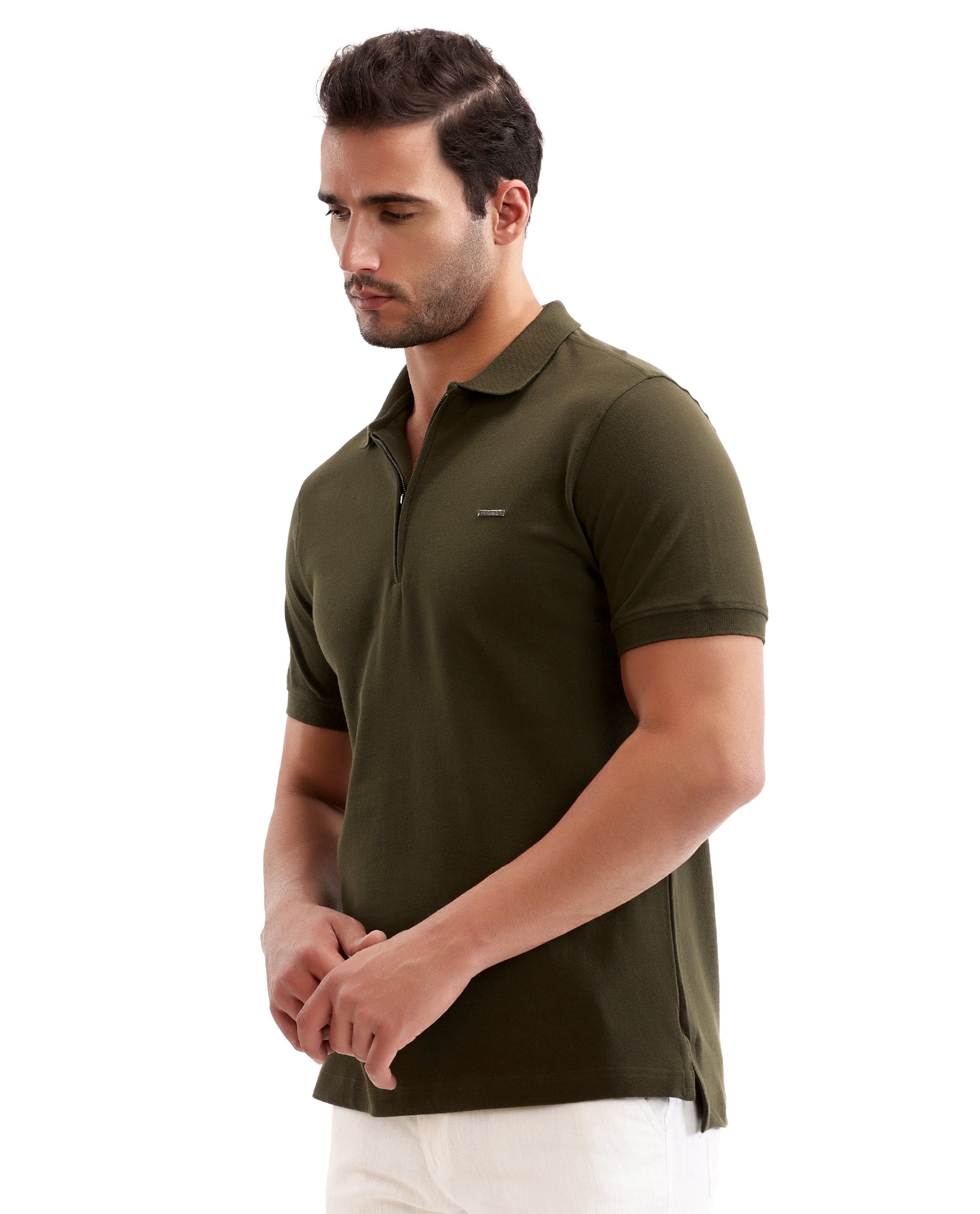 Vintage Olive Pique Polo with 7C Metal Zip, Metal Badge